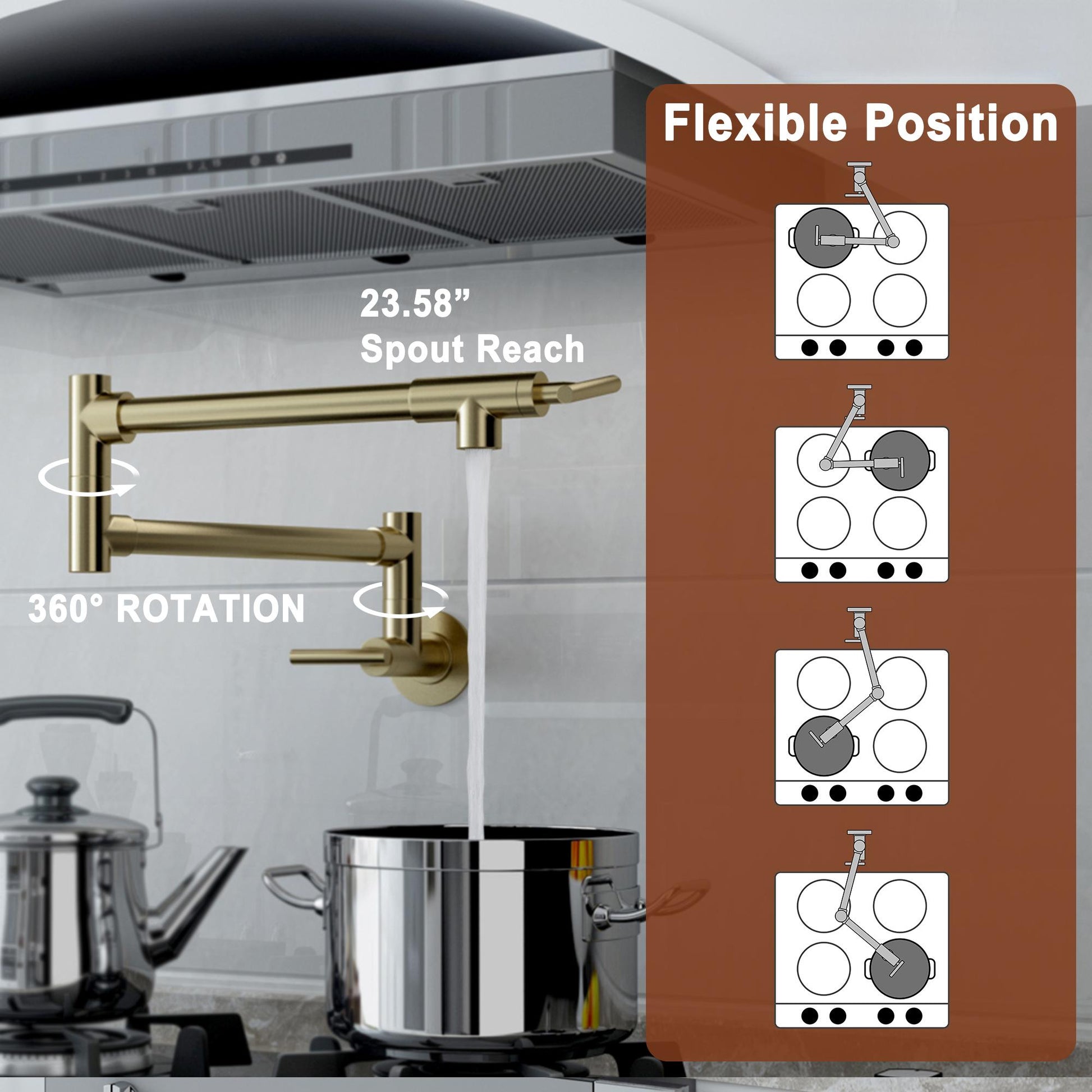 Wall Mount Pot Filler Kitchen Faucet with 360° Rotating Arm & Fast-Flow Aerator