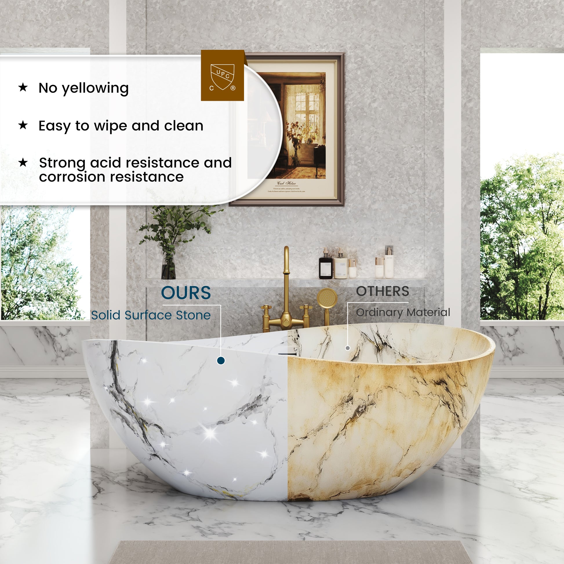 63" Artistic Marble Sculptural Solid Surface Freestanding Soaking Bathtub
