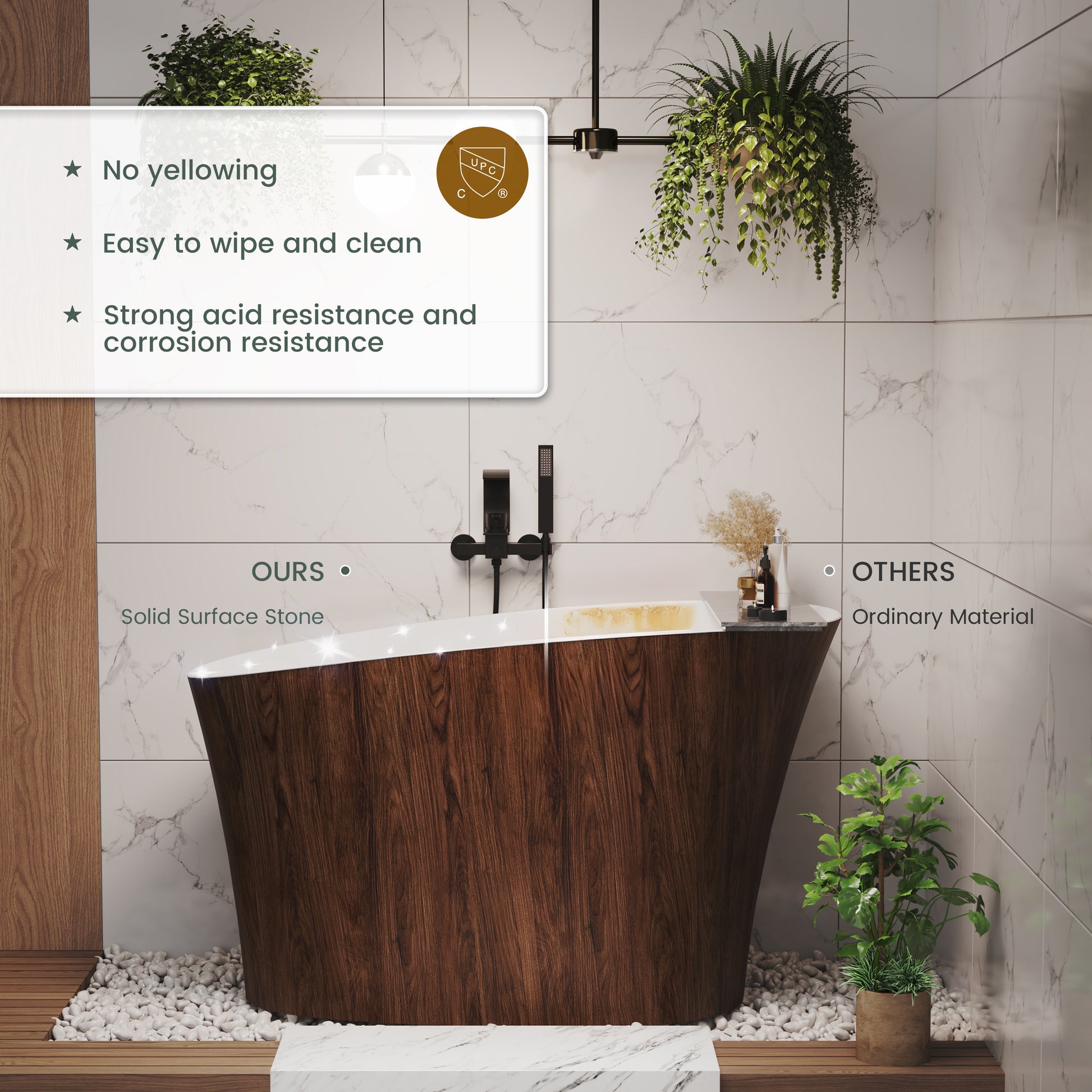 51" Freestanding Solid Surface Soaking Tub with Built-In Seat in Wood Grain & Marble Finish