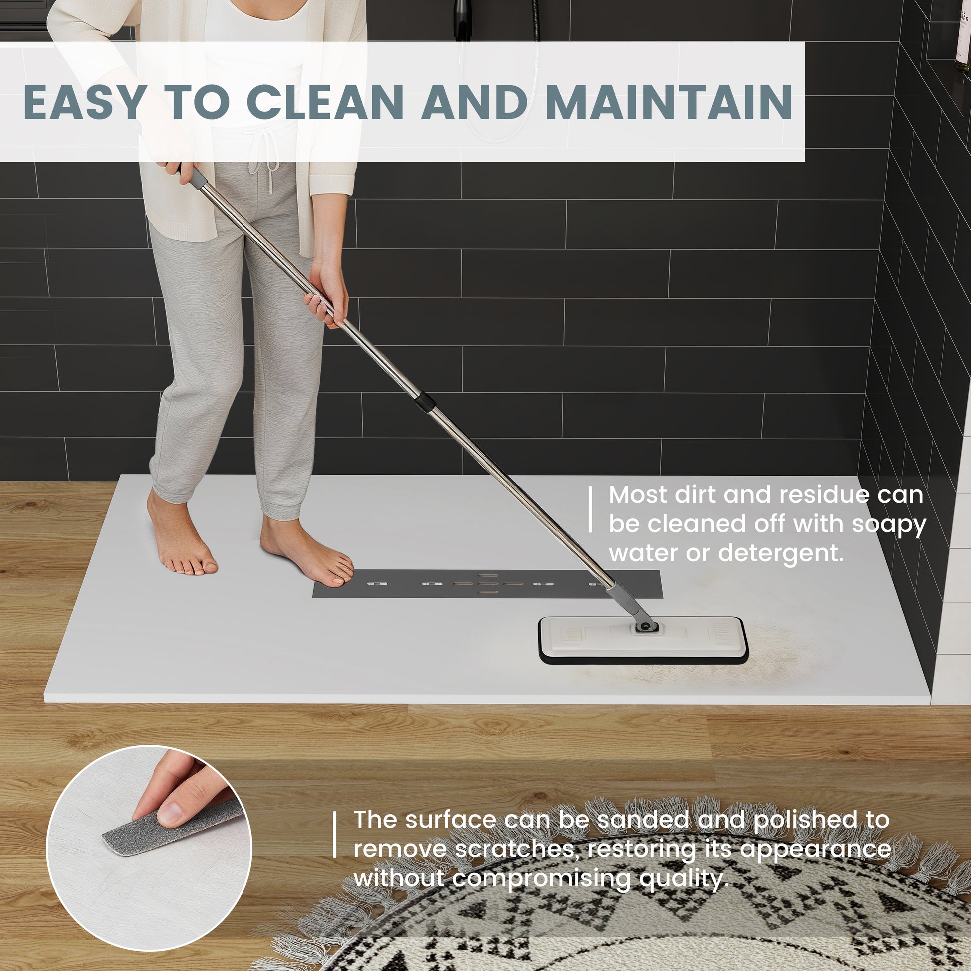 Durable SMC Composite Shower Base Pan with Center Drain in Black & White