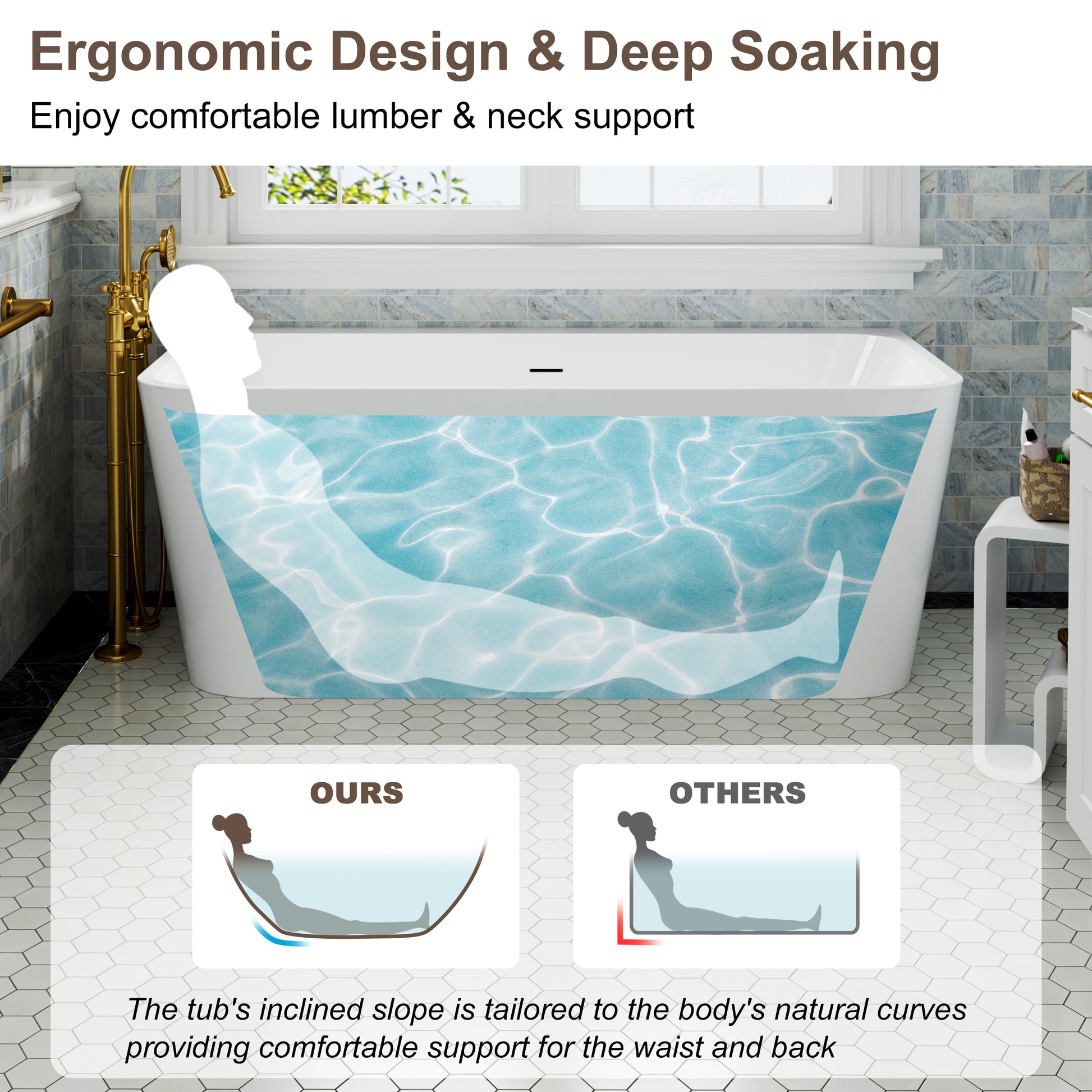 55"/59" Glossy White Square Freestanding Acrylic Bathtub with Modern Industrial Design