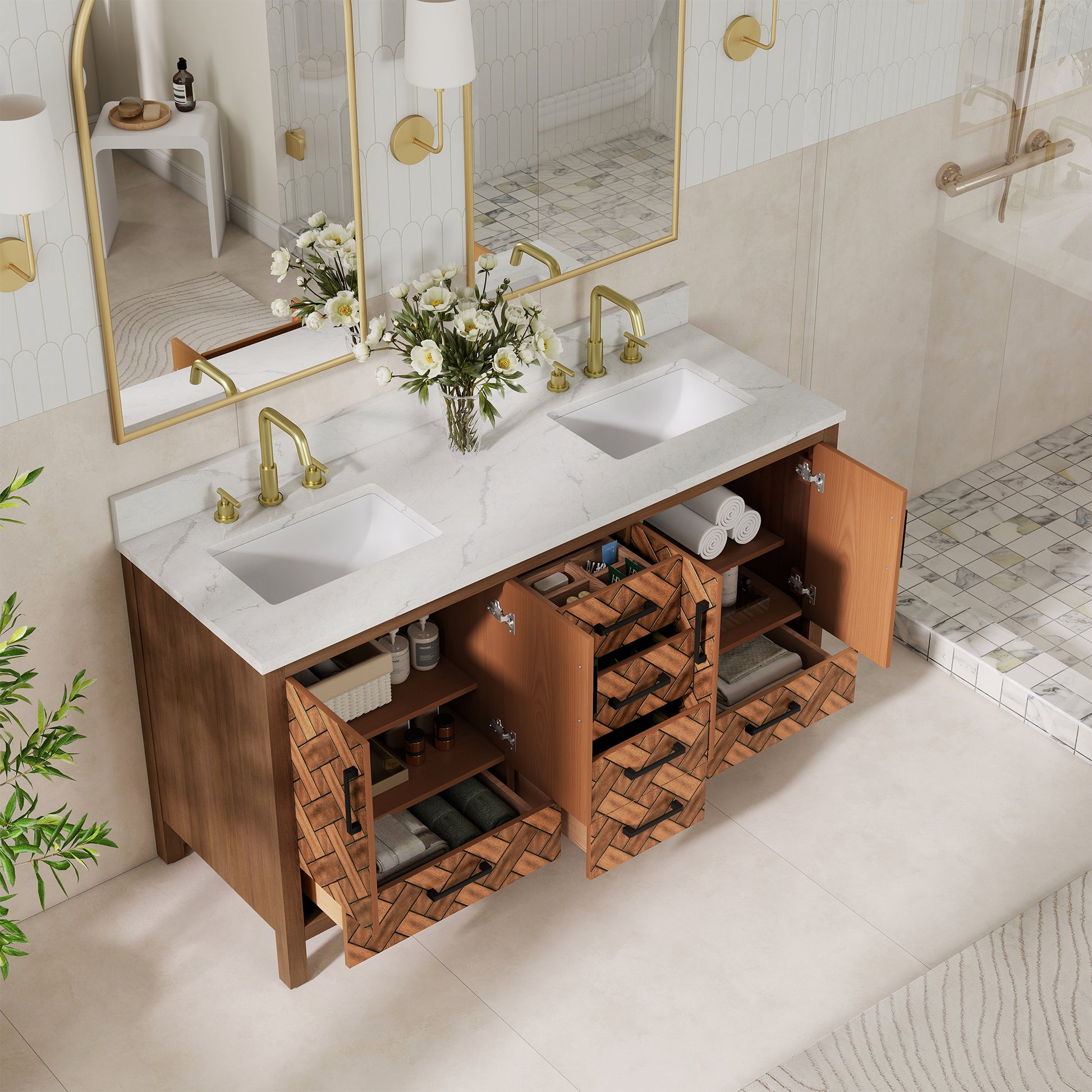 60" Double Sink Bathroom Vanity with Engineering Stone Top & 2 Basins