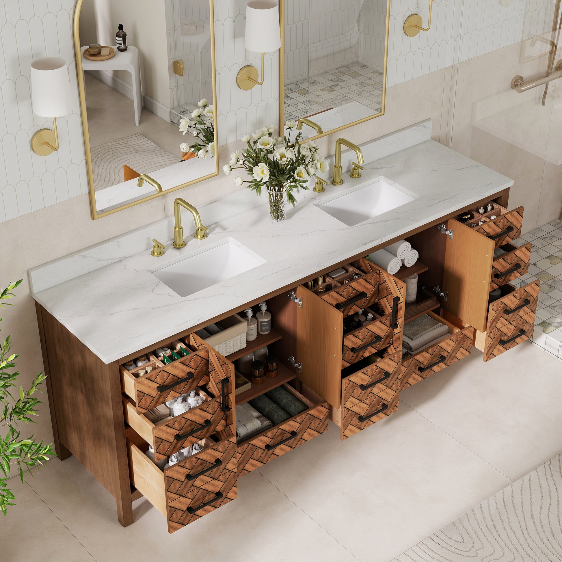 84" Freestanding Bathroom Vanity with Double Sink and Engineering Stone Top