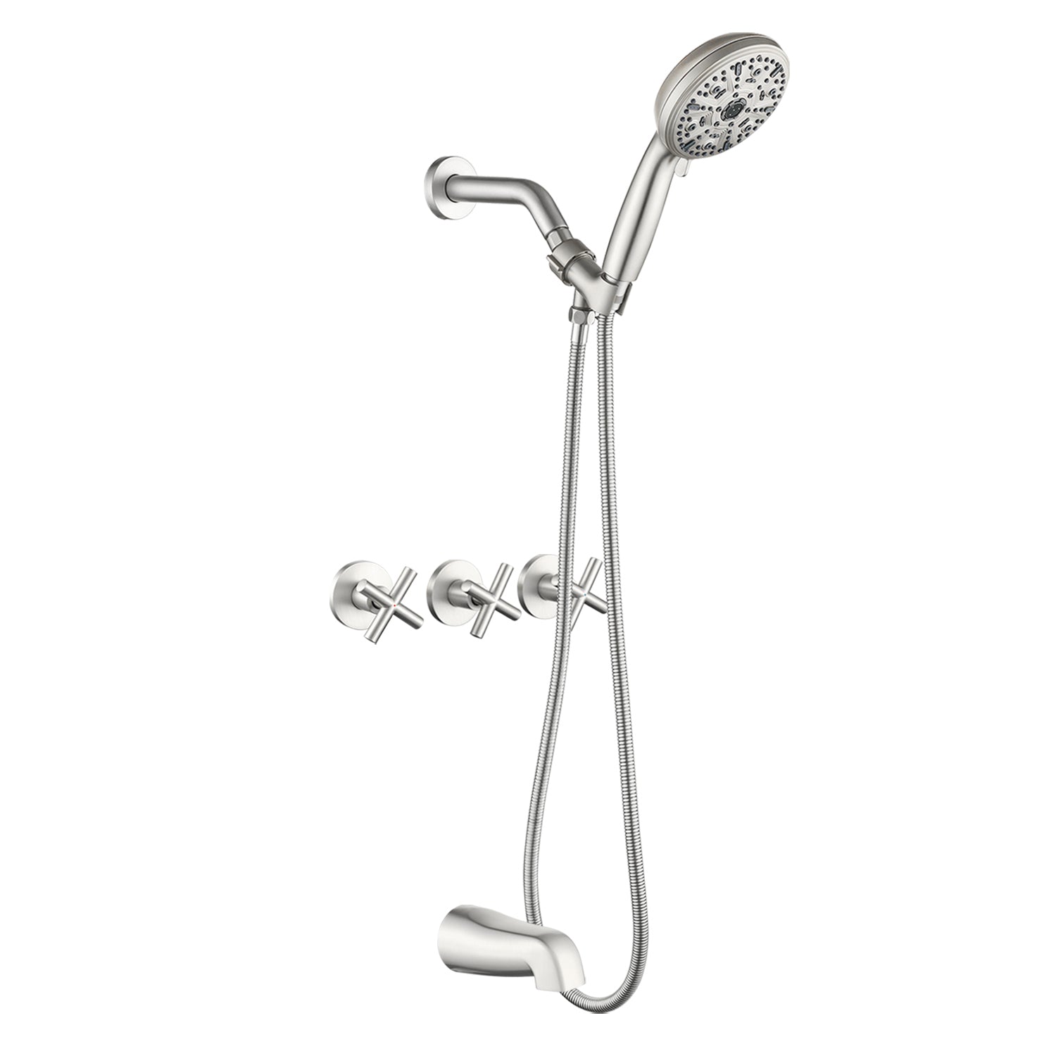3-Handle Shower Faucet with 10-Function Handheld Shower in Brushed Nickel