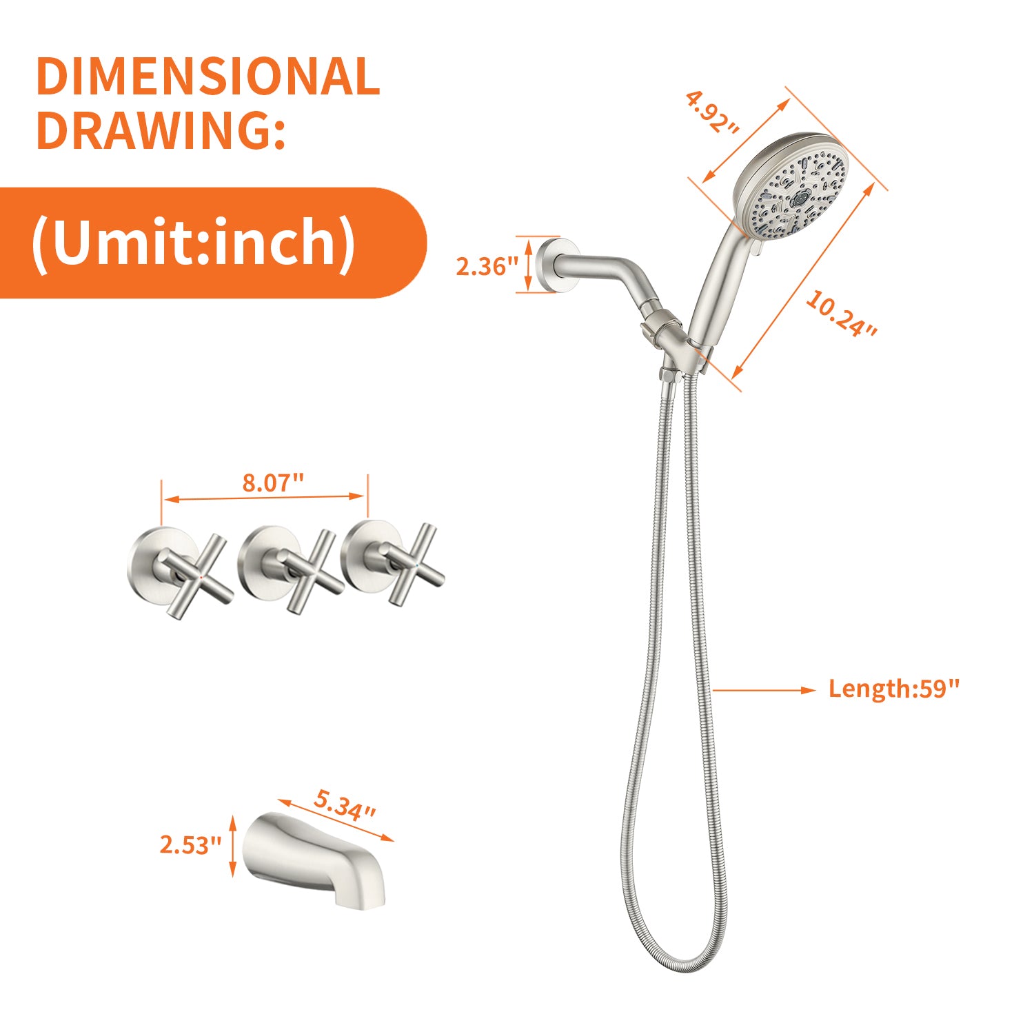 3-Handle Shower Faucet with 10-Function Handheld Shower in Brushed Nickel