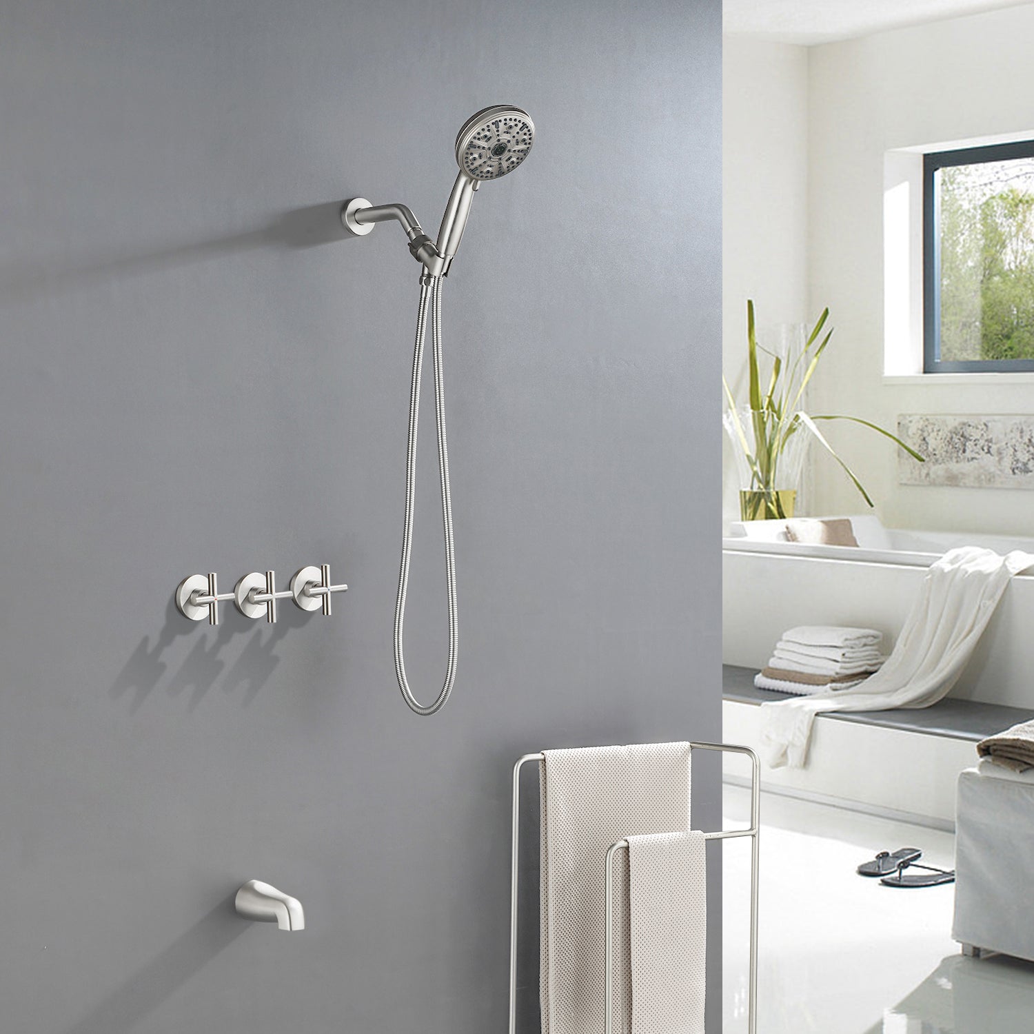 3-Handle Shower Faucet with 10-Function Handheld Shower in Brushed Nickel