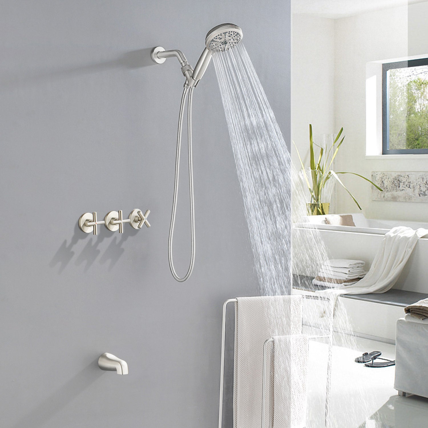 3-Handle Shower Faucet with 10-Function Handheld Shower in Brushed Nickel