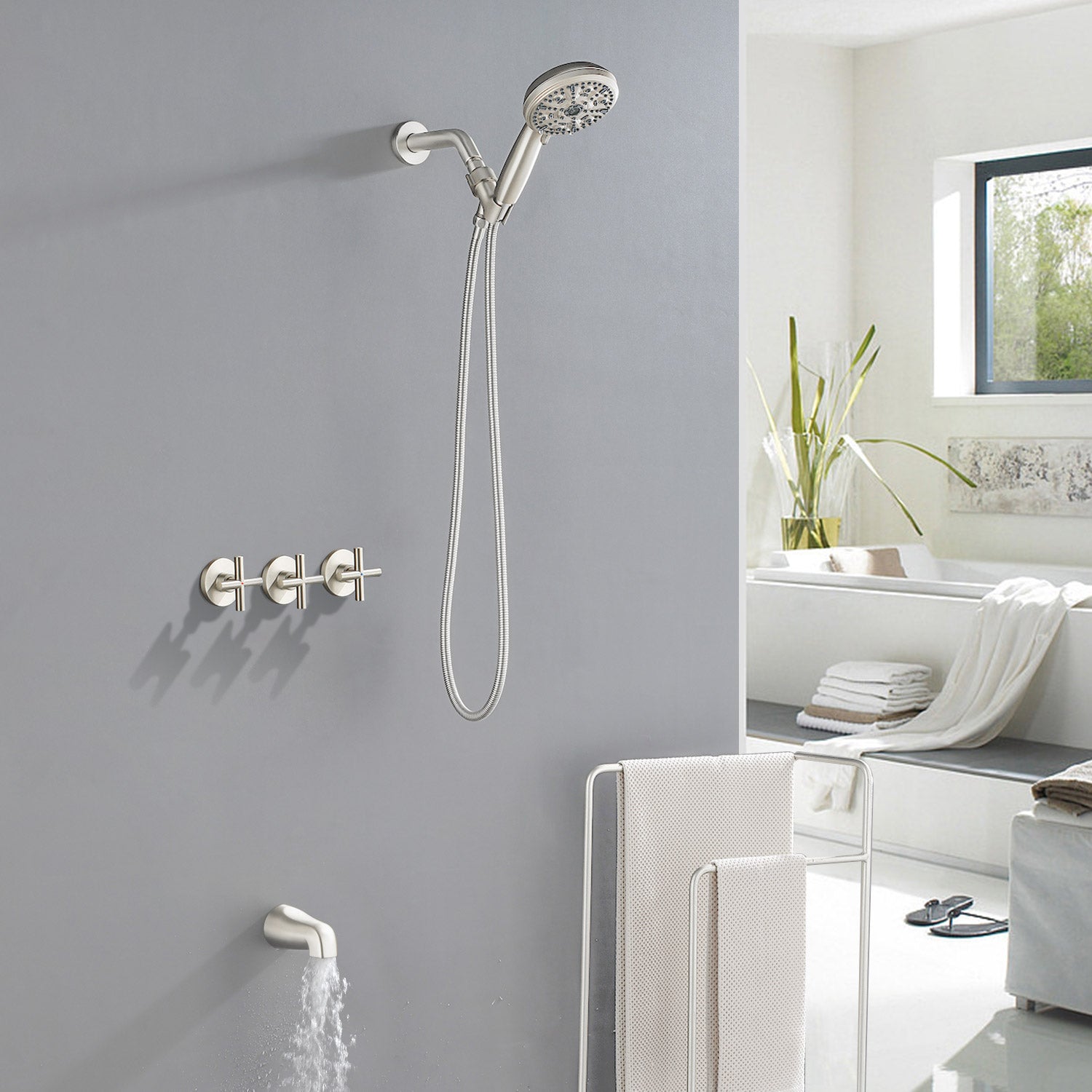 3-Handle Shower Faucet with 10-Function Handheld Shower in Brushed Nickel