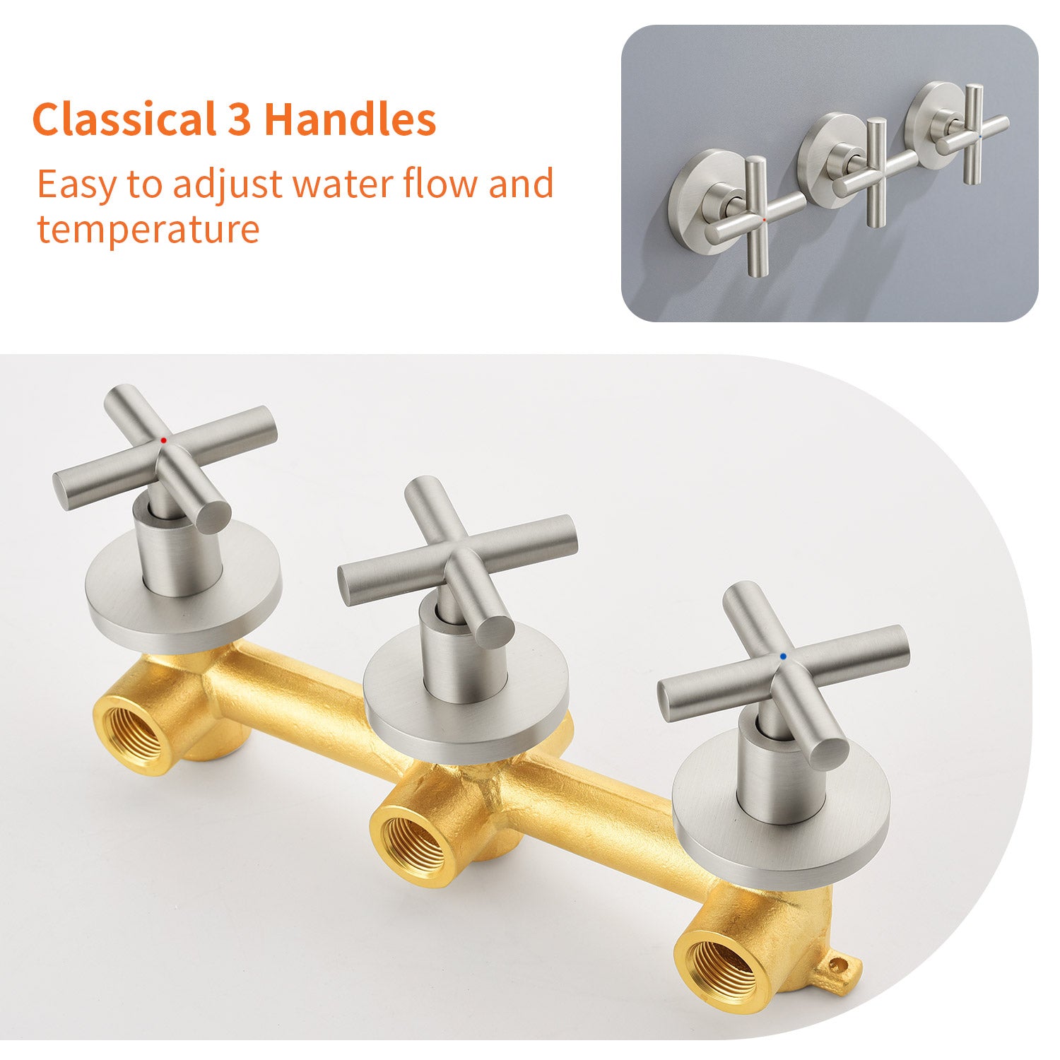 3-Handle Shower Faucet with 10-Function Handheld Shower in Brushed Nickel