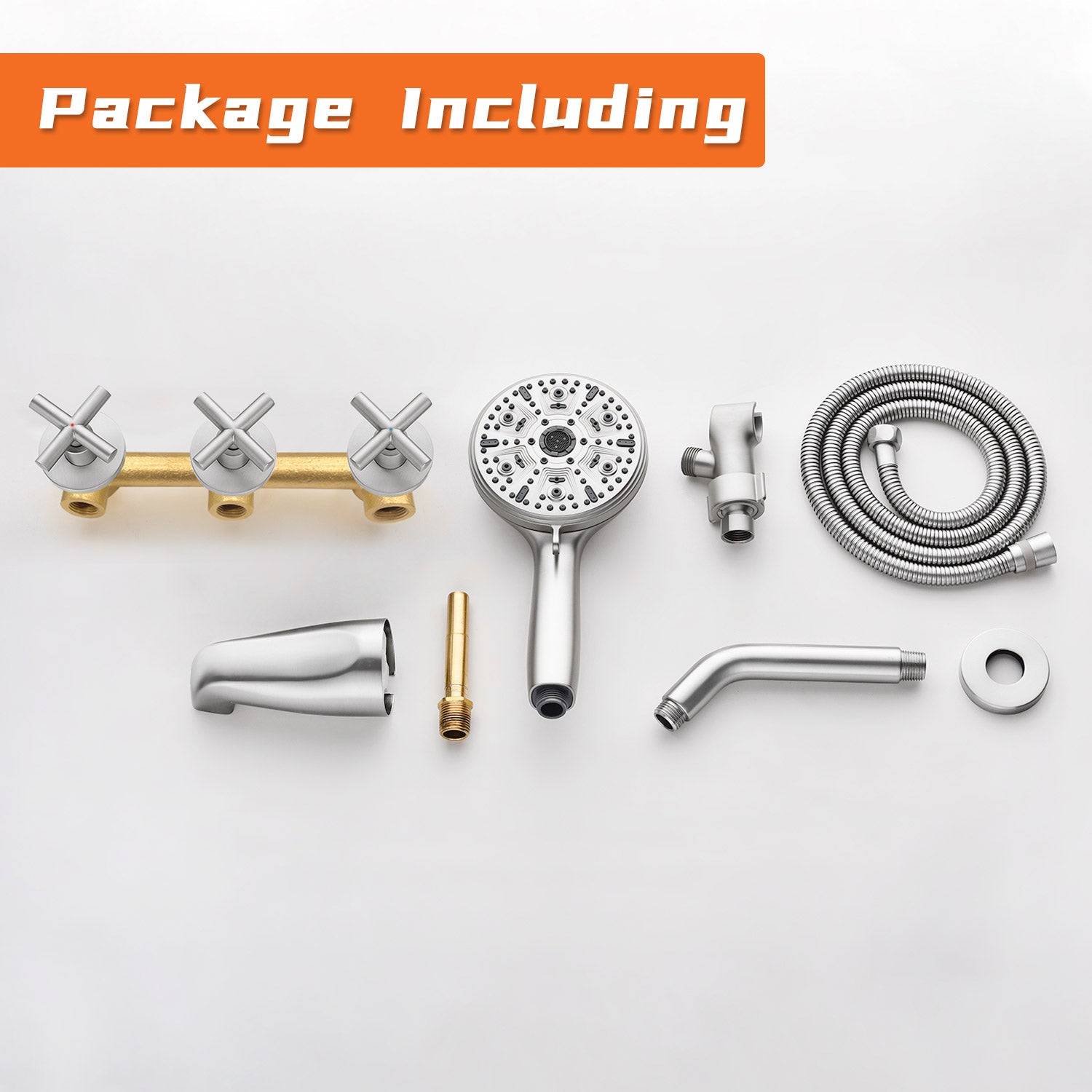 3-Handle Shower Faucet with 10-Function Handheld Shower in Brushed Nickel