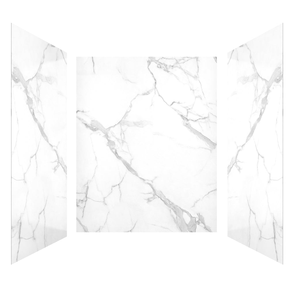 3-Piece Carrara White SMC Marble Shower Wall Panels for Contemporary Showers