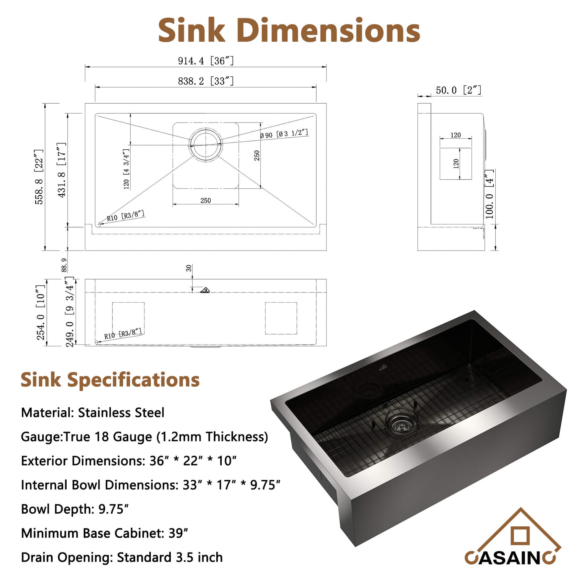 30"/33"/36" Premium 304 Stainless Steel Sink with PVD Finish with Quick Drainage & Silent Noise Reduction, Easy to Clean & Stylish