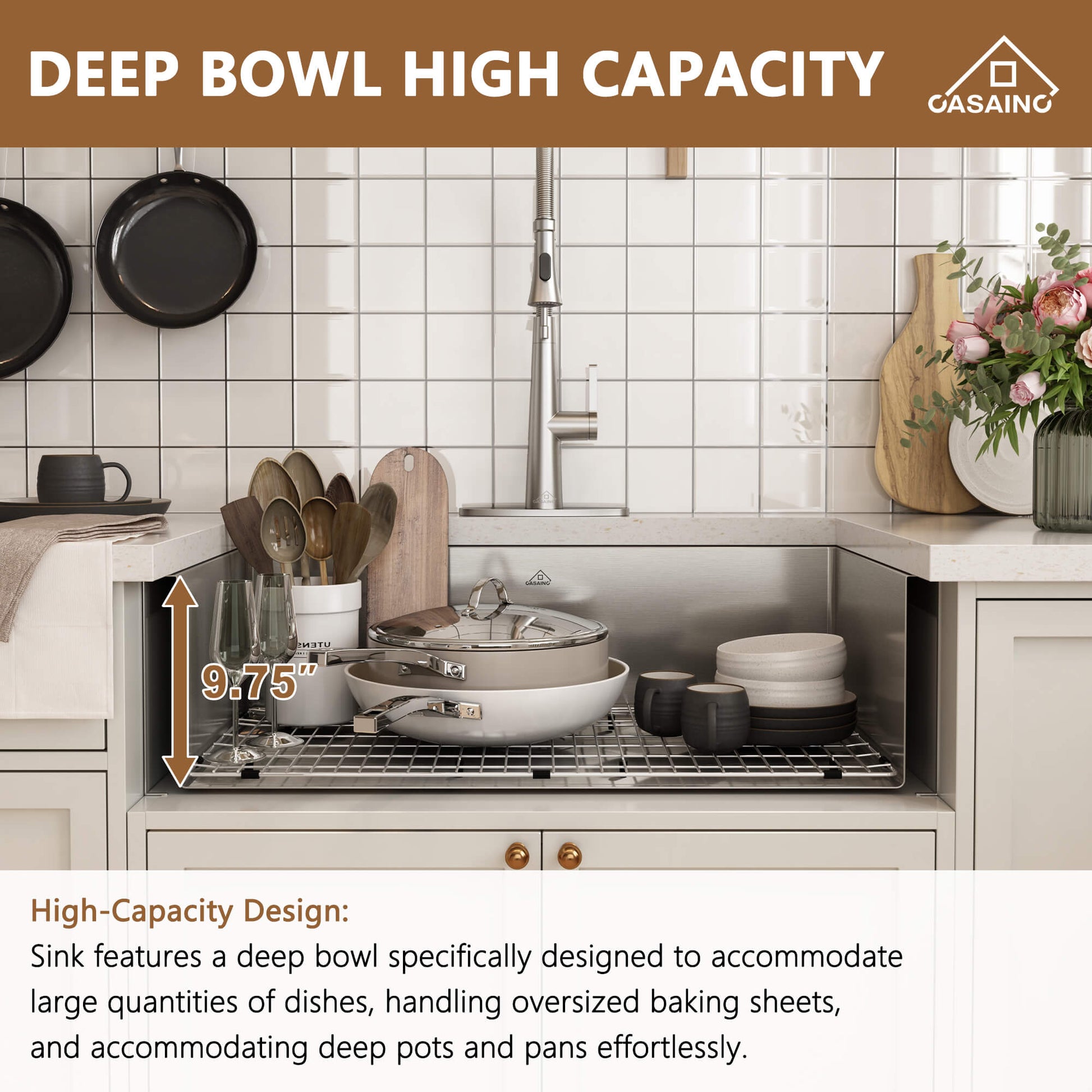 30"/33"/36" Premium All-in-One Deep Basin 304 Stainless Steel Kitchen Sink with Drain Rack,Golden R10 Radius, Smart Drainage, Noise Reduction Features,Innovative X-Shaped Drainage Steel Sink