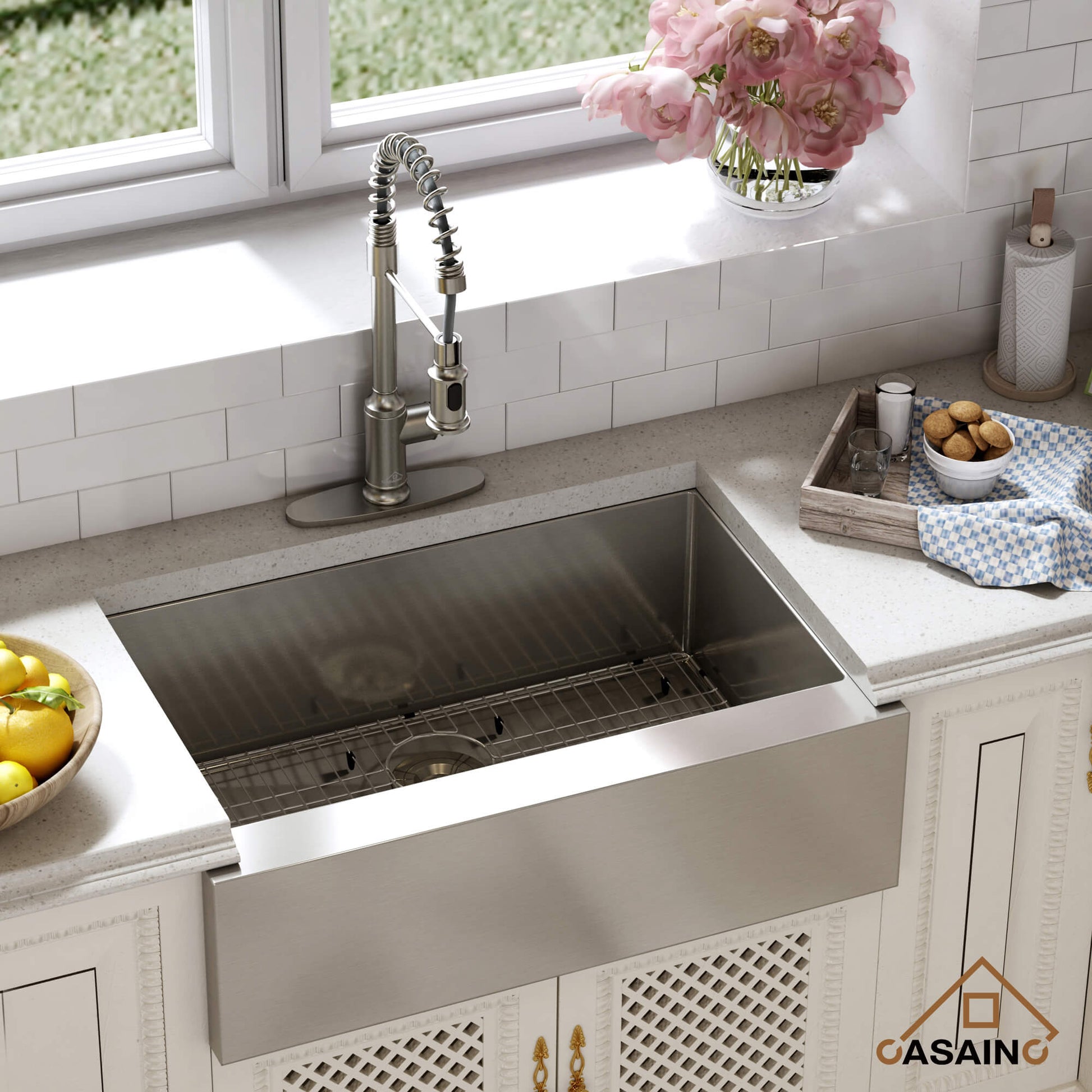 30"/33"/36" Premium All-in-One Deep Basin 304 Stainless Steel Kitchen Sink with Drain Rack,Golden R10 Radius, Smart Drainage, Noise Reduction Features,Innovative X-Shaped Drainage Steel Sink