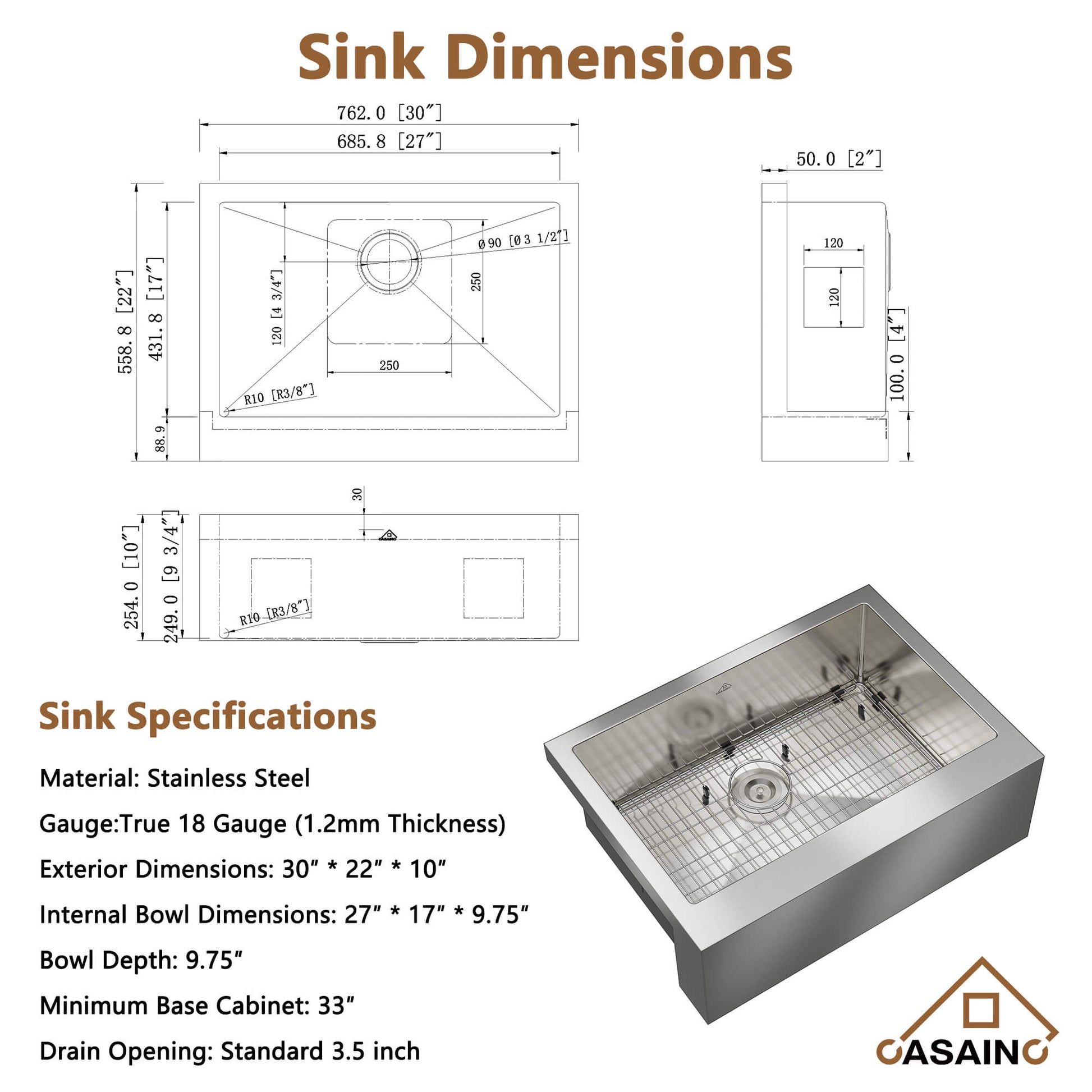 30"/33"/36" Premium All-in-One Deep Basin 304 Stainless Steel Kitchen Sink with Drain Rack,Golden R10 Radius, Smart Drainage, Noise Reduction Features,Innovative X-Shaped Drainage Steel Sink