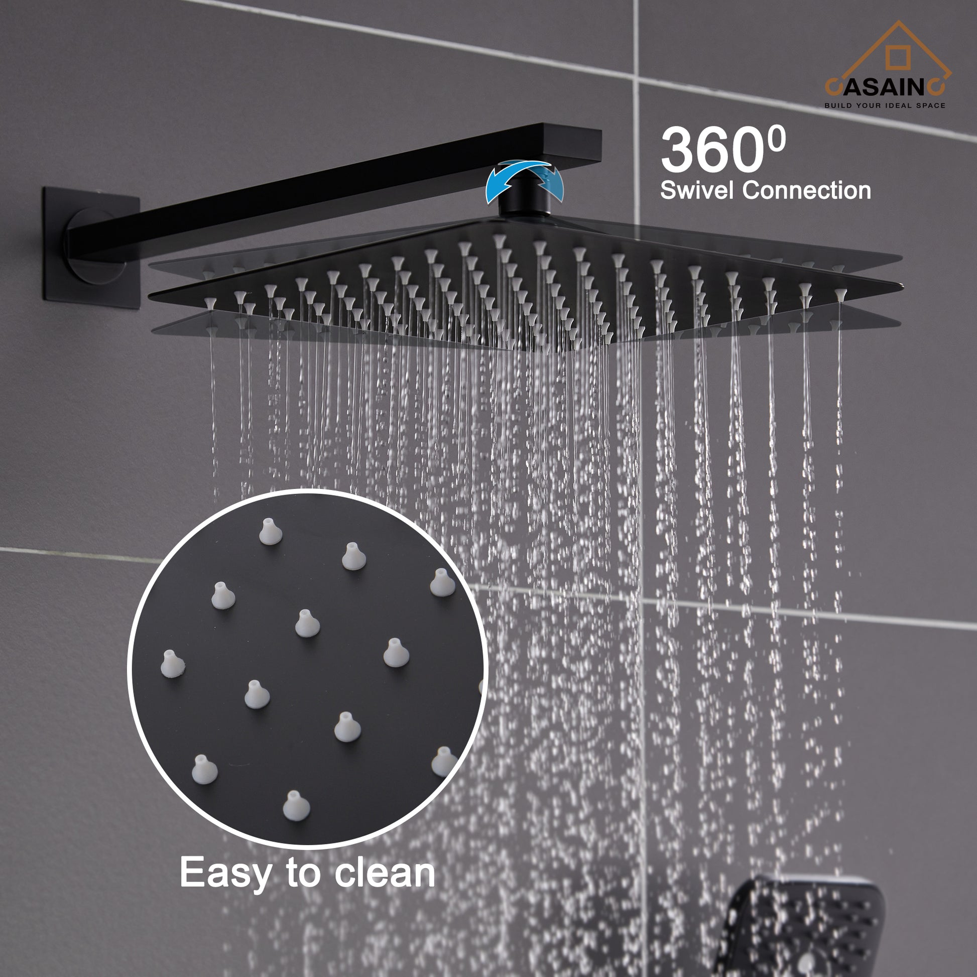 CASAINC 10 inch Square Wall-mounted rain shower faucet with pressure balanced valve