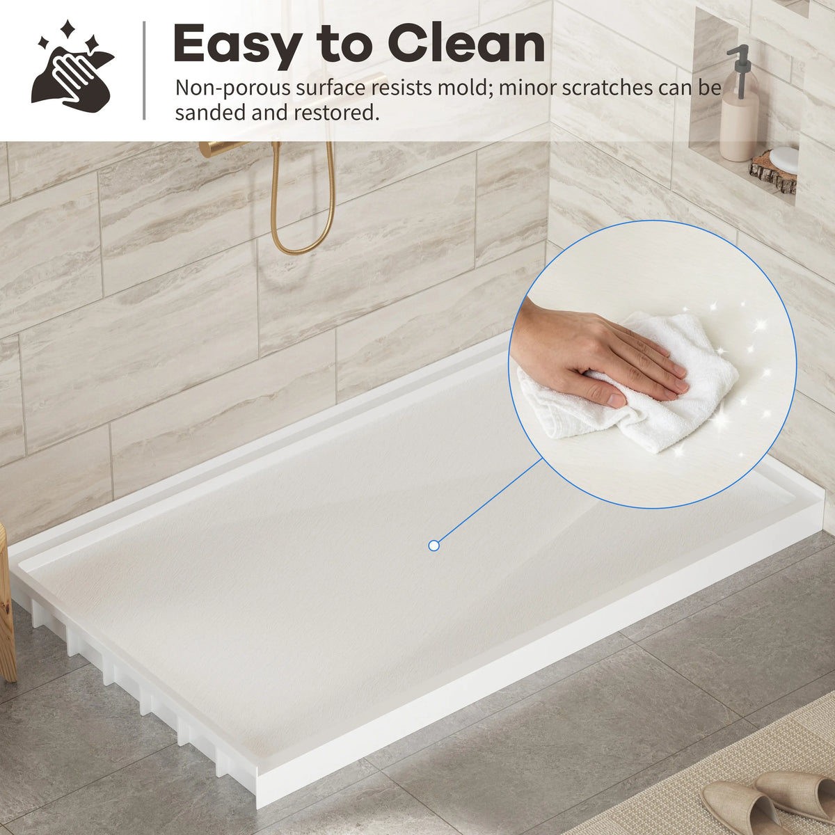 48"/60"x30"-36" White SMC Shower Base with Flamed Rock Slip-Resistant Surface, Left/Right Drain