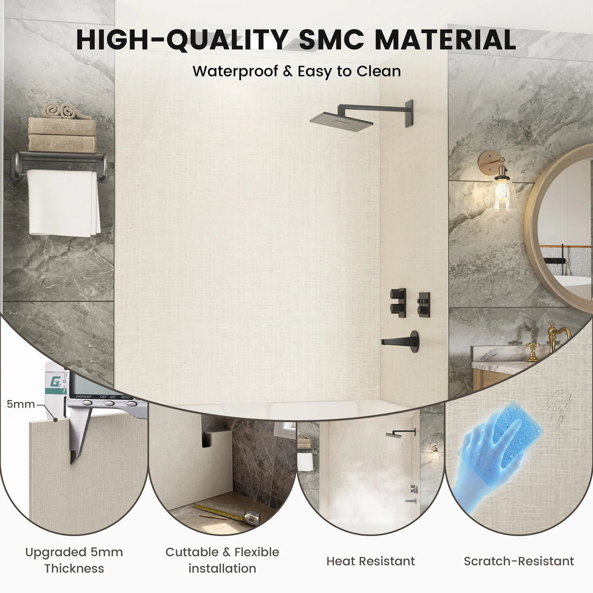 60"x36"x96" SMC Shower Wall Panels, Waterproof Grout-Free Shower Surround in 4 Finishes