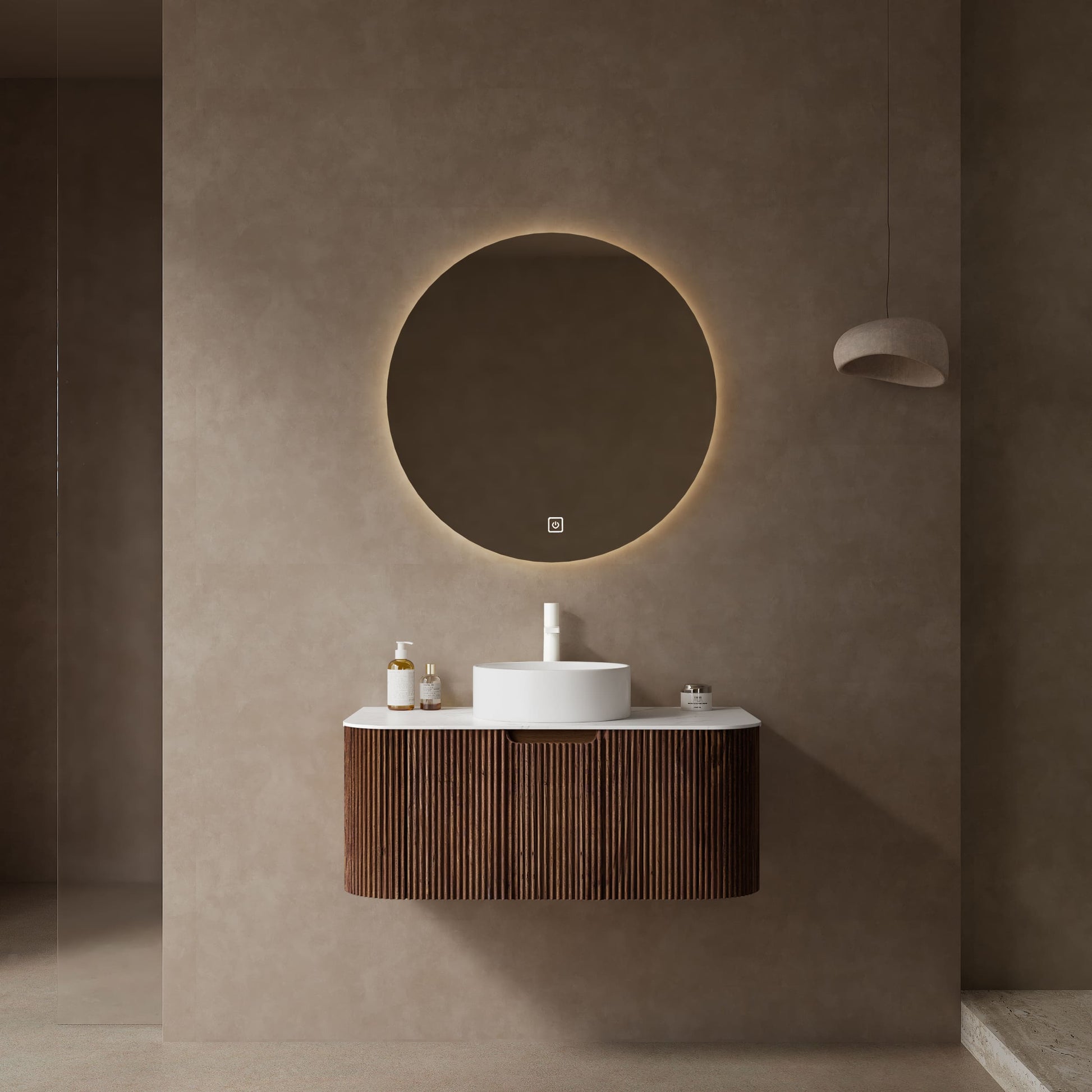 Floating Bathroom Vanity with Curved Edges, Fluted Drawer Fronts, Carrara Sintered Stone Top and Round Ceramic Vessel Sink, Natural Woodgrain / Dark Walnut
