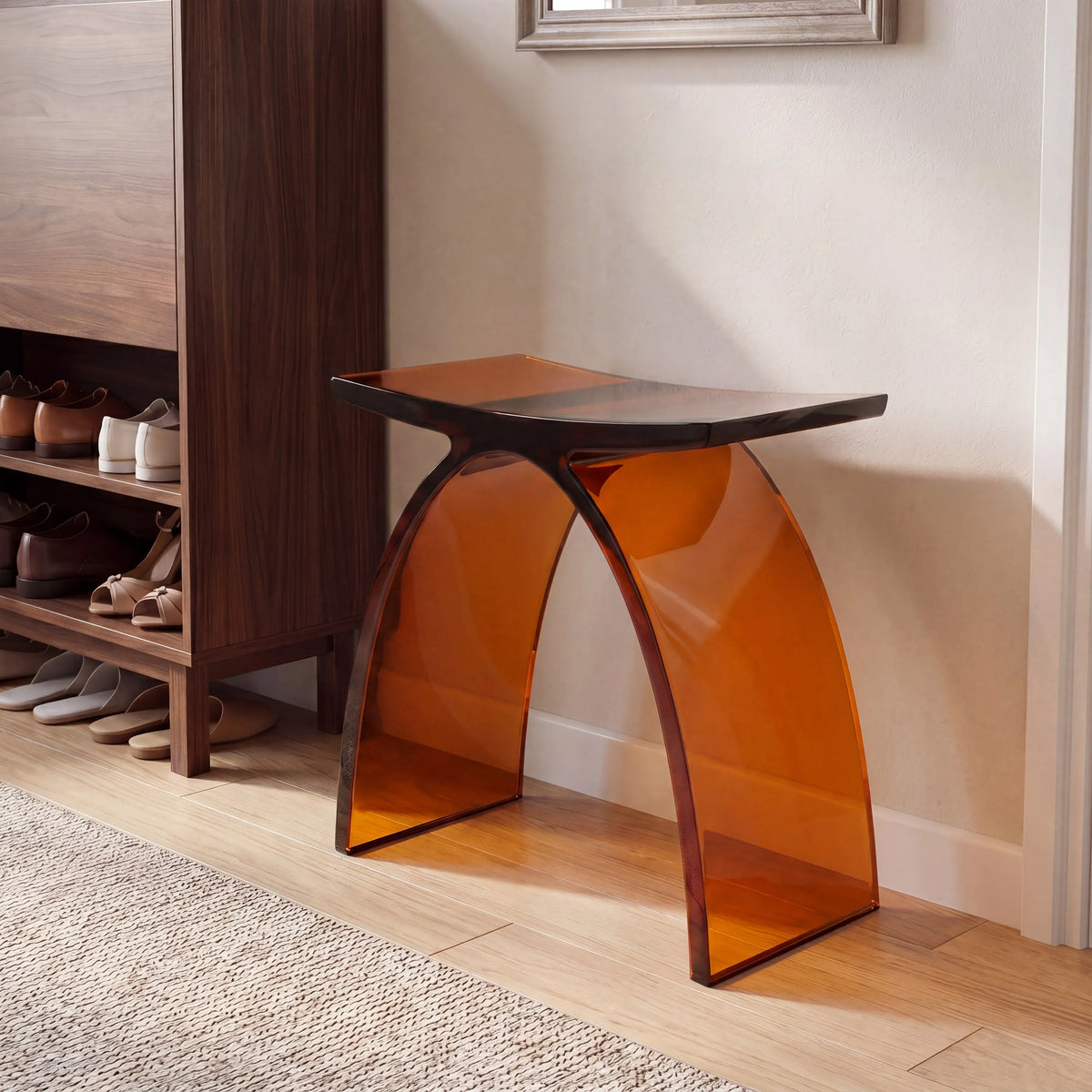 Translucent Resin Arched Solid Surface Bathroom Shower Bench in Glossy Smoke Black/Amber