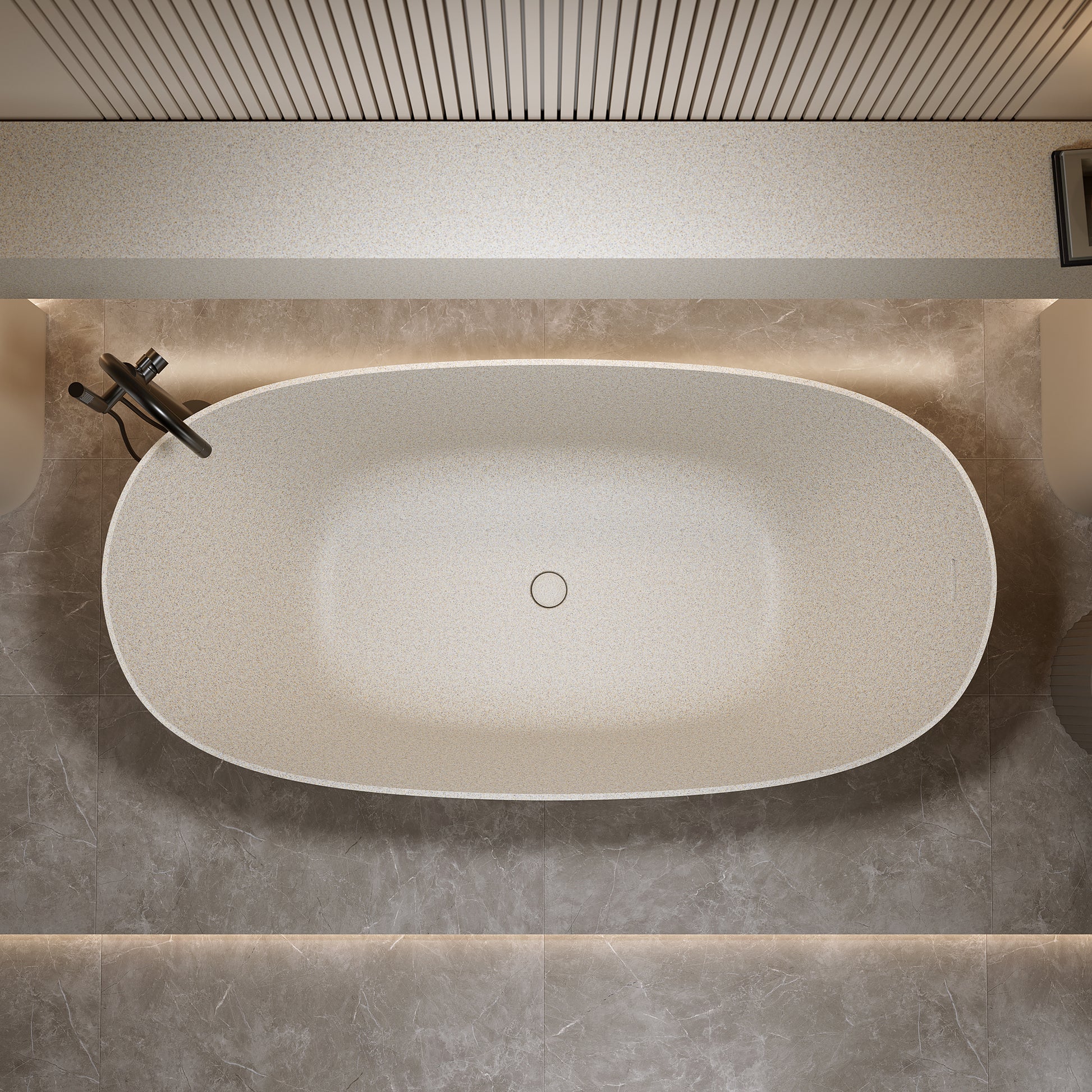 57"/61"/65"/69" Cream Grey Stone Resin Freestanding Soaking Bathtub with One-Side Overflow