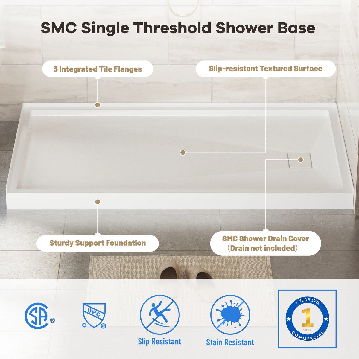 48"/60"x30"-36" White SMC Shower Base with Flamed Rock Slip-Resistant Surface, Left/Right Drain