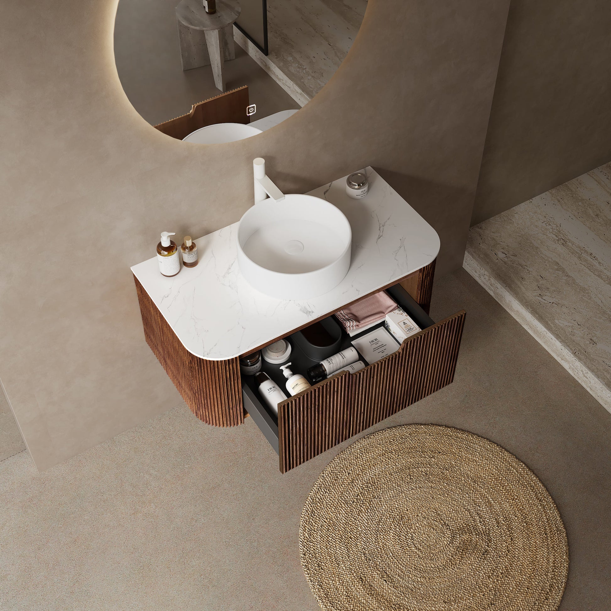 Floating Bathroom Vanity with Curved Edges, Fluted Drawer Fronts, Carrara Sintered Stone Top and Round Ceramic Vessel Sink, Natural Woodgrain / Dark Walnut