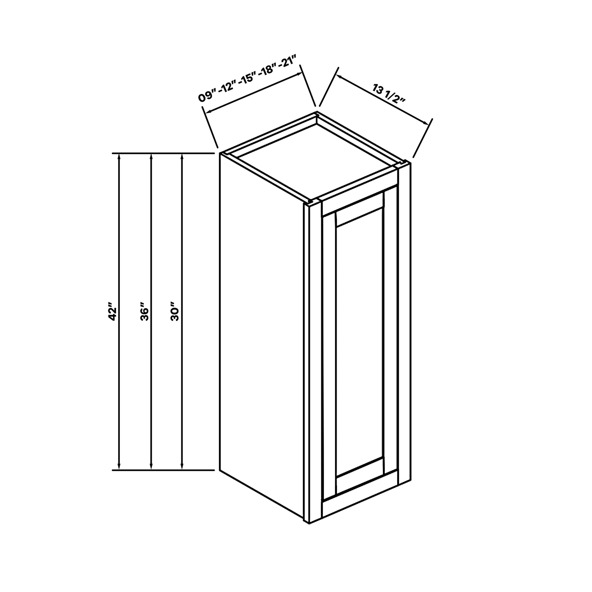 Inset Origami White RTA 9-21"W x 30-42"H x 13.5"D 15-Size Single Door Wall Cabinet