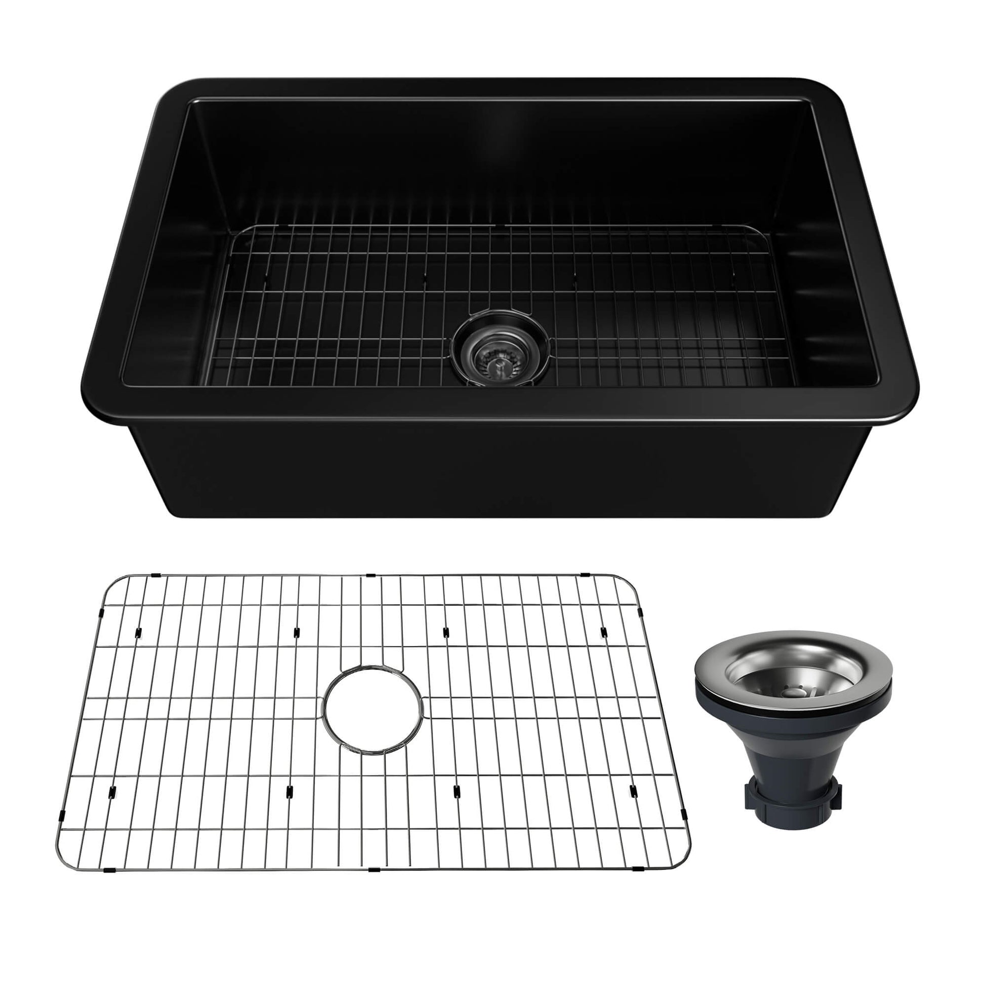 32 in. Undermount Single Bowl Fireclay Kitchen Sink with Grid and Drainer With cUPC Certified, in Glossy White/Matte Black/Matte Gray