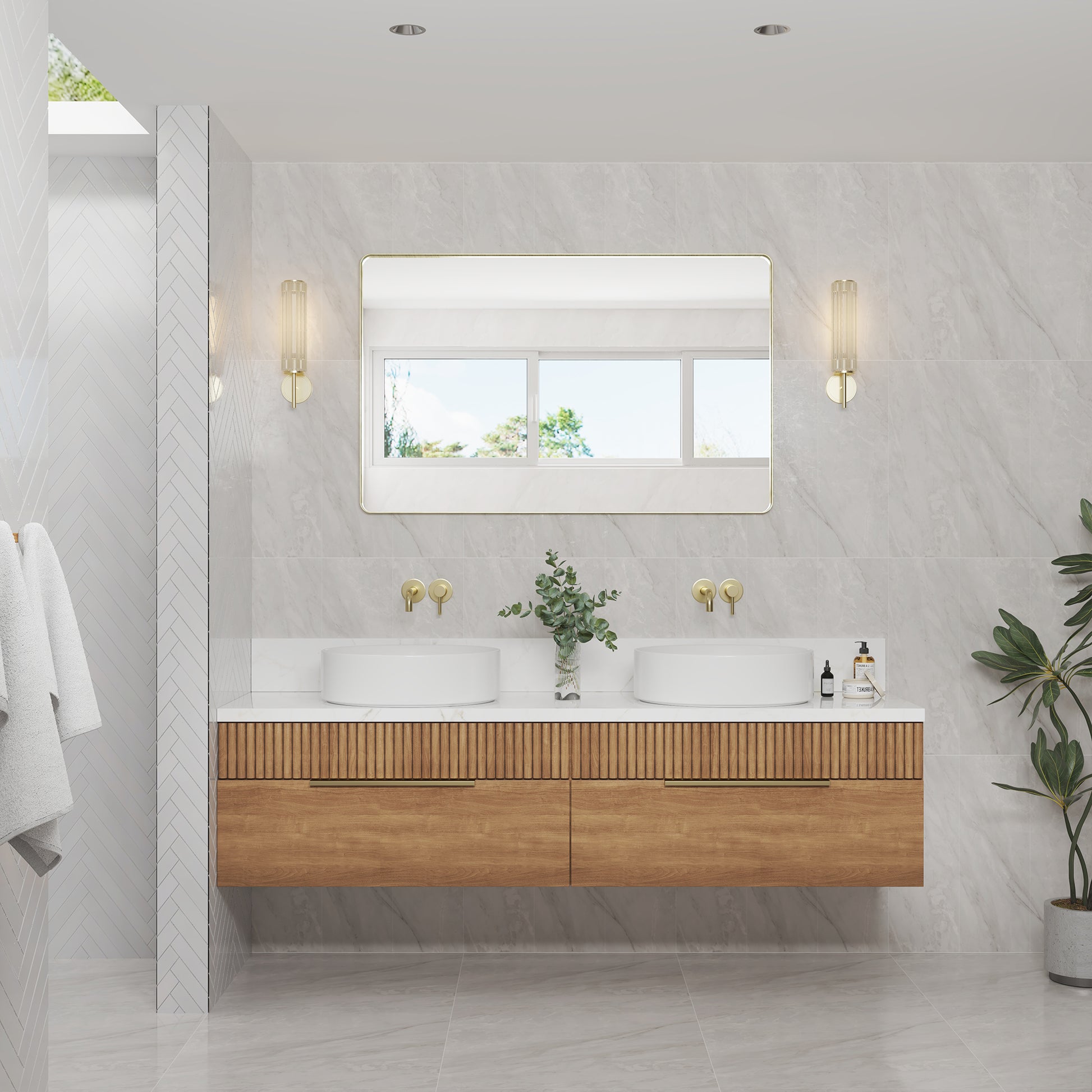 Tempered Glass Wall-Mounted Mirror with Gold Metal Frame