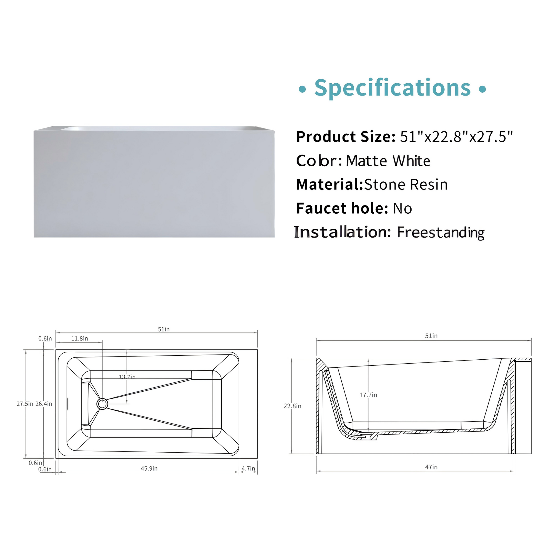 51" Modern Freestanding Stone Resin Soaking Bathtub in Matte White