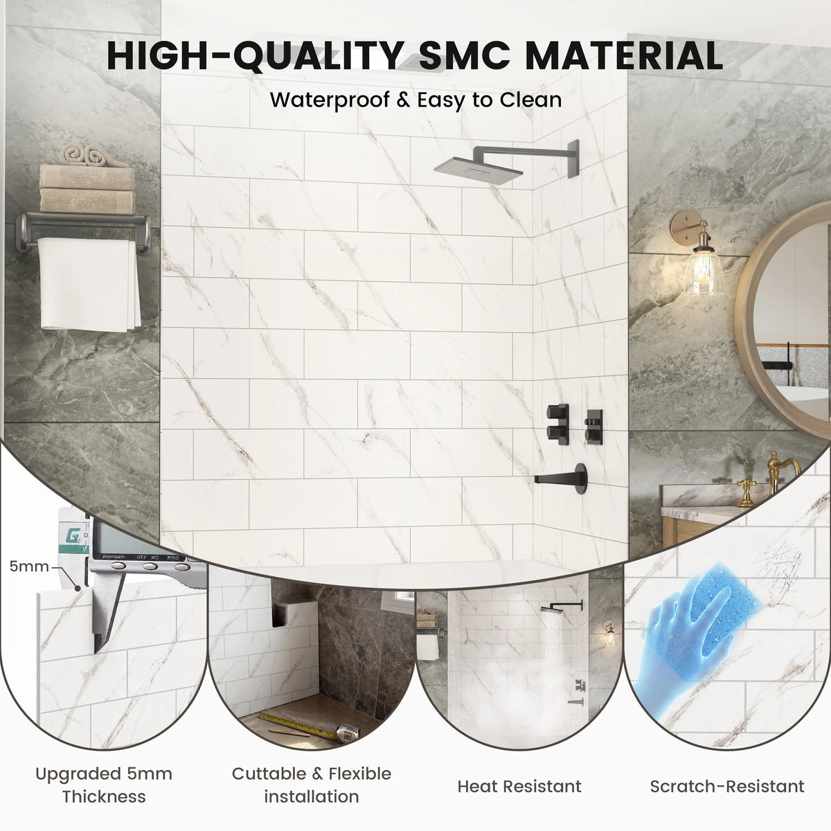 60"x36"/48"x96" Medium Tile Pattern SMC Shower Wall Panel System in 4 Finishes