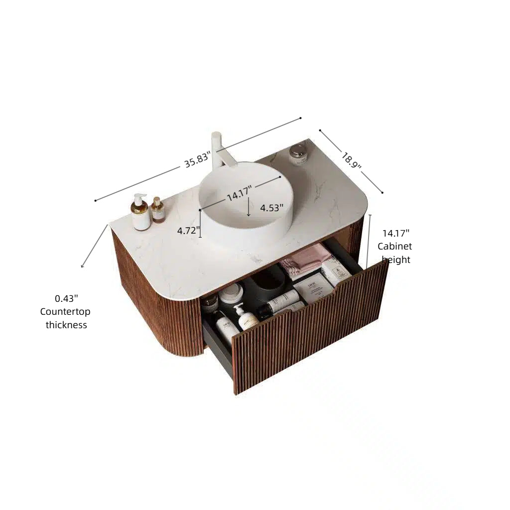 Floating Bathroom Vanity with Curved Edges, Fluted Drawer Fronts, Carrara Sintered Stone Top and Round Ceramic Vessel Sink, Natural Woodgrain / Dark Walnut