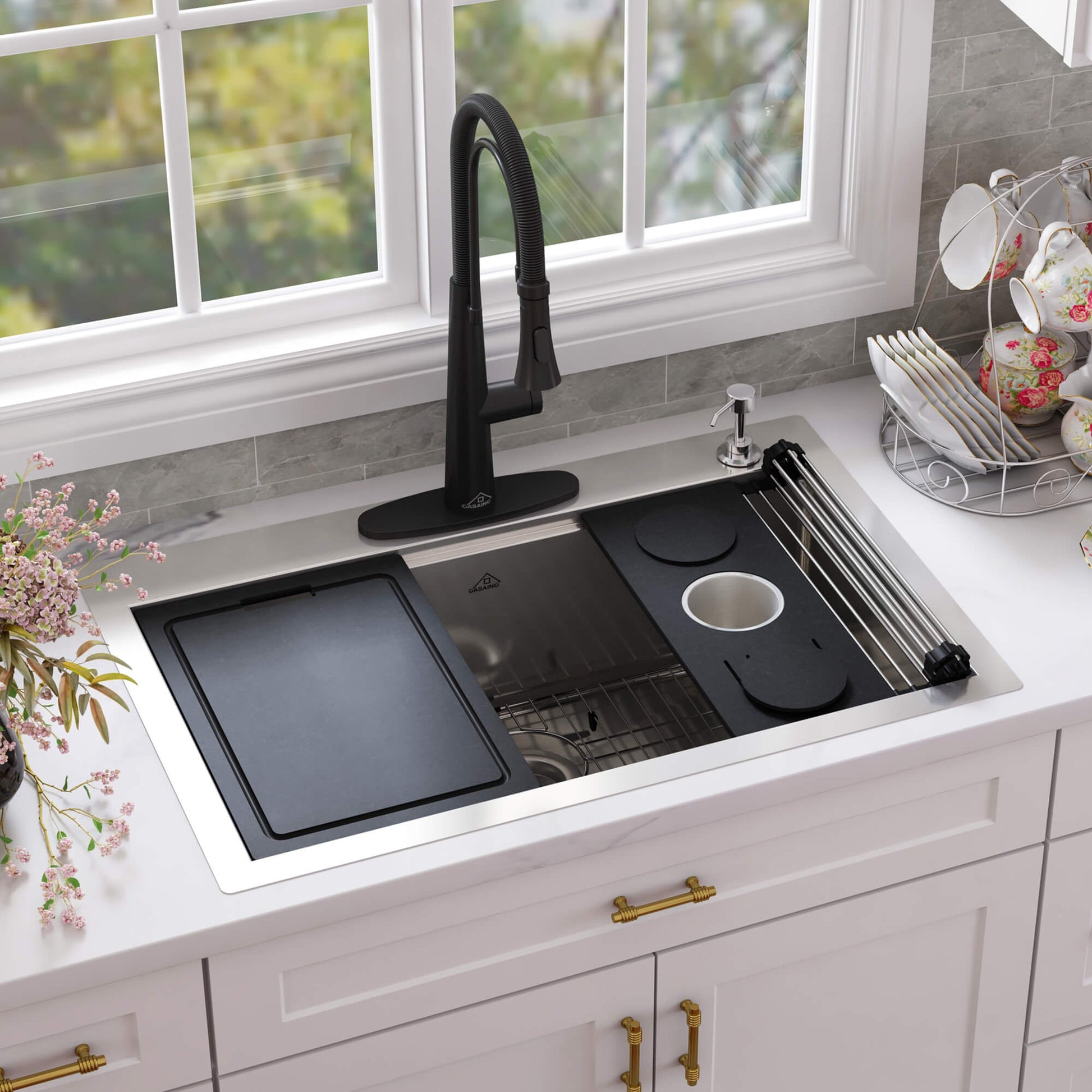 33" Golden R10 Tight Radius Stainless Steel Sink with Drainage Grid, Roll-up Rack, Two-Tiered Basin Design with Noise Reduction, with Scratch-Resistant, Oil-Repellent Surface