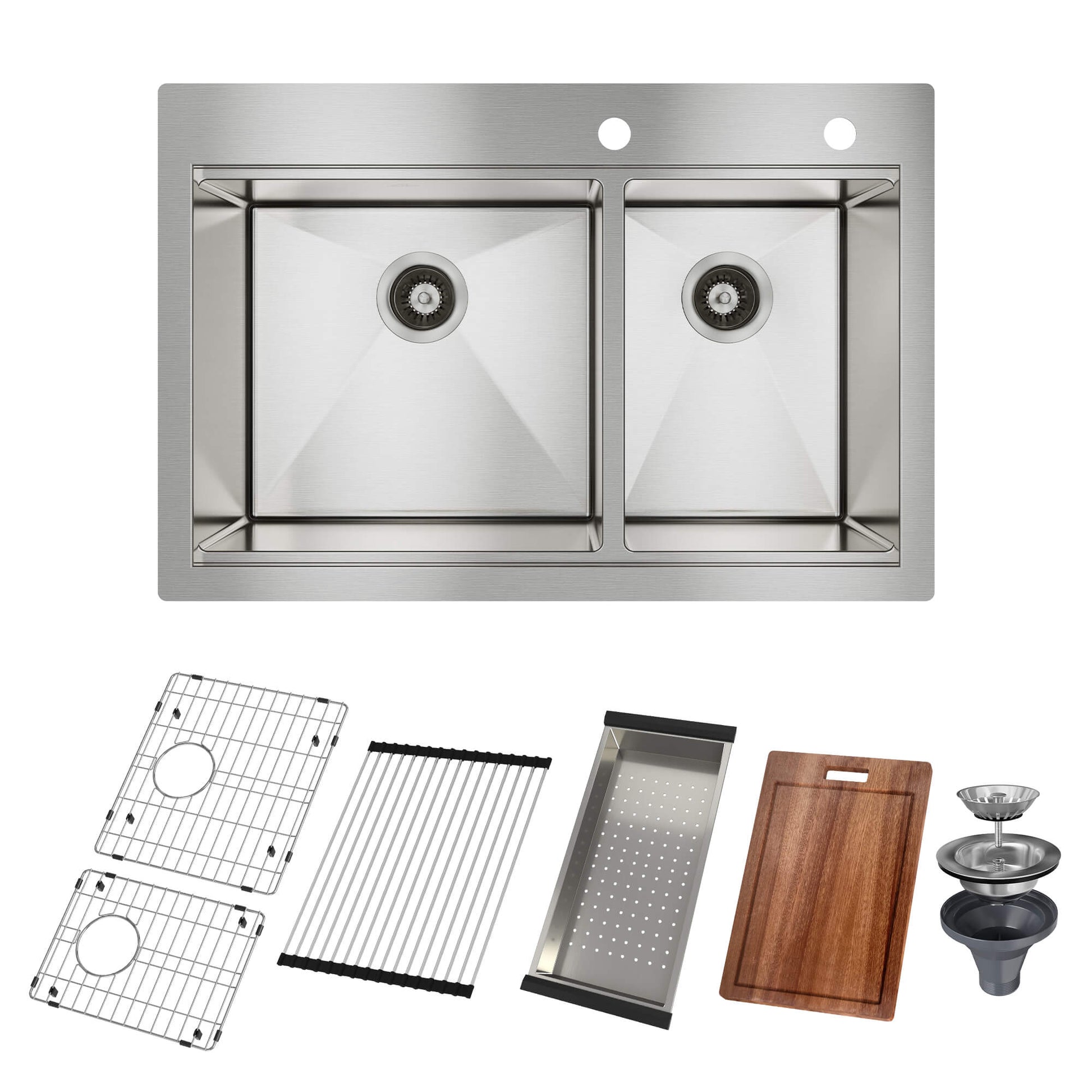 33" Two-tiered Workstation 304 Stainless Steel Sink, Fast Drainage,Silent Noise Reductio, Golden R10 Tight Radius, Scratch-Resistant and Oil-Repellent