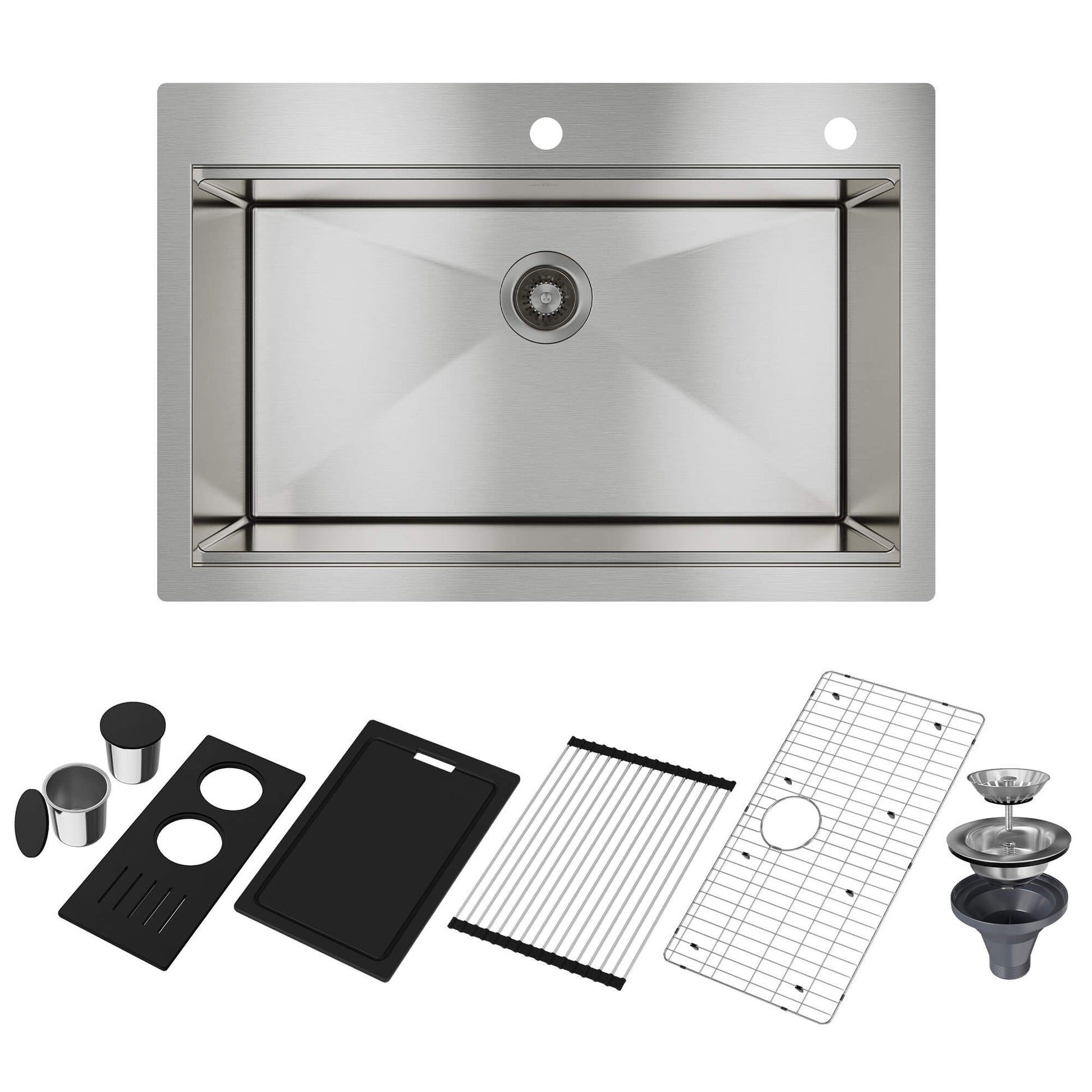 33" Golden R10 Tight Radius Stainless Steel Sink with Drainage Grid, Roll-up Rack, Two-Tiered Basin Design with Noise Reduction, with Scratch-Resistant, Oil-Repellent Surface