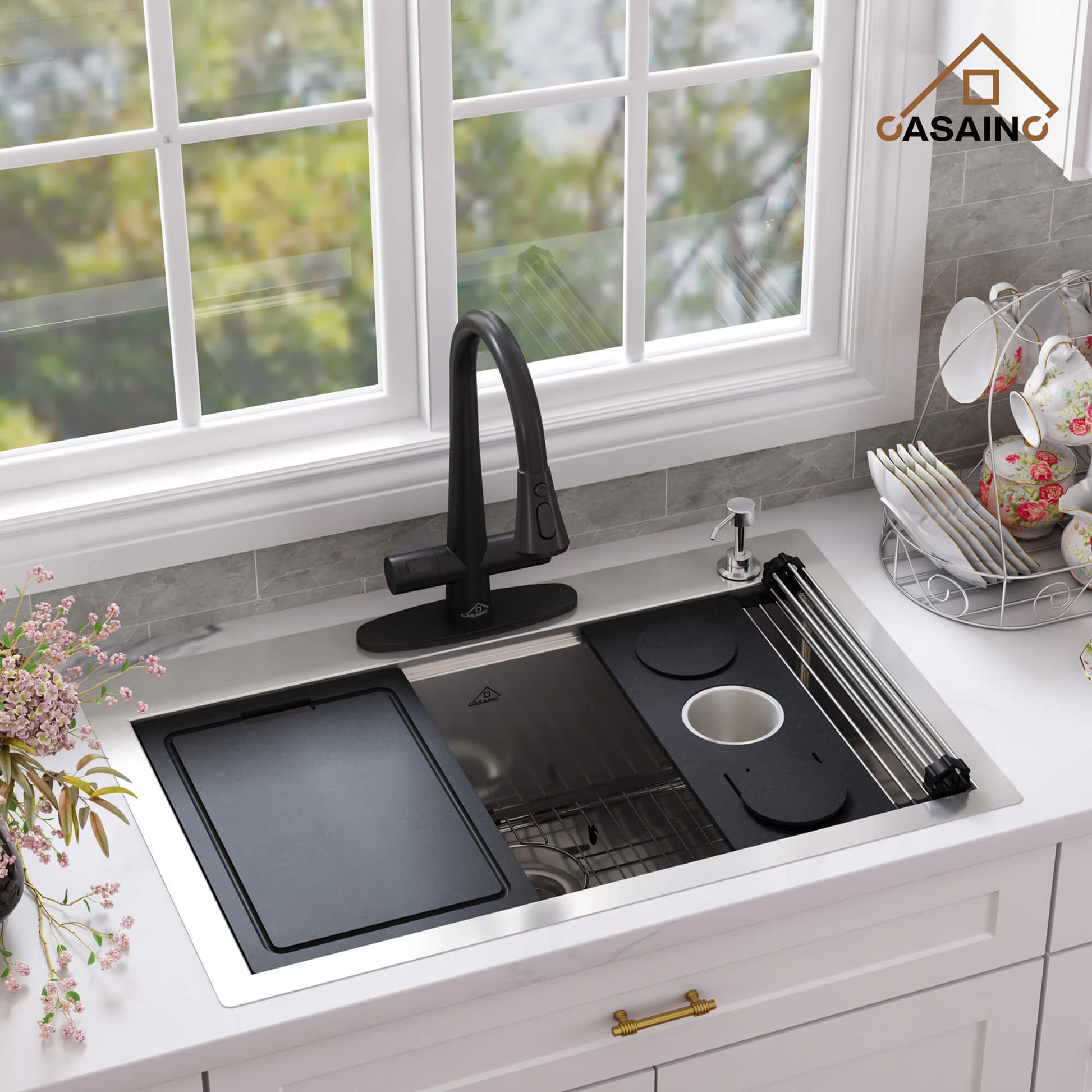 33" Golden R10 Tight Radius Stainless Steel Sink with Drainage Grid, Roll-up Rack, Two-Tiered Basin Design with Noise Reduction, with Scratch-Resistant, Oil-Repellent Surface