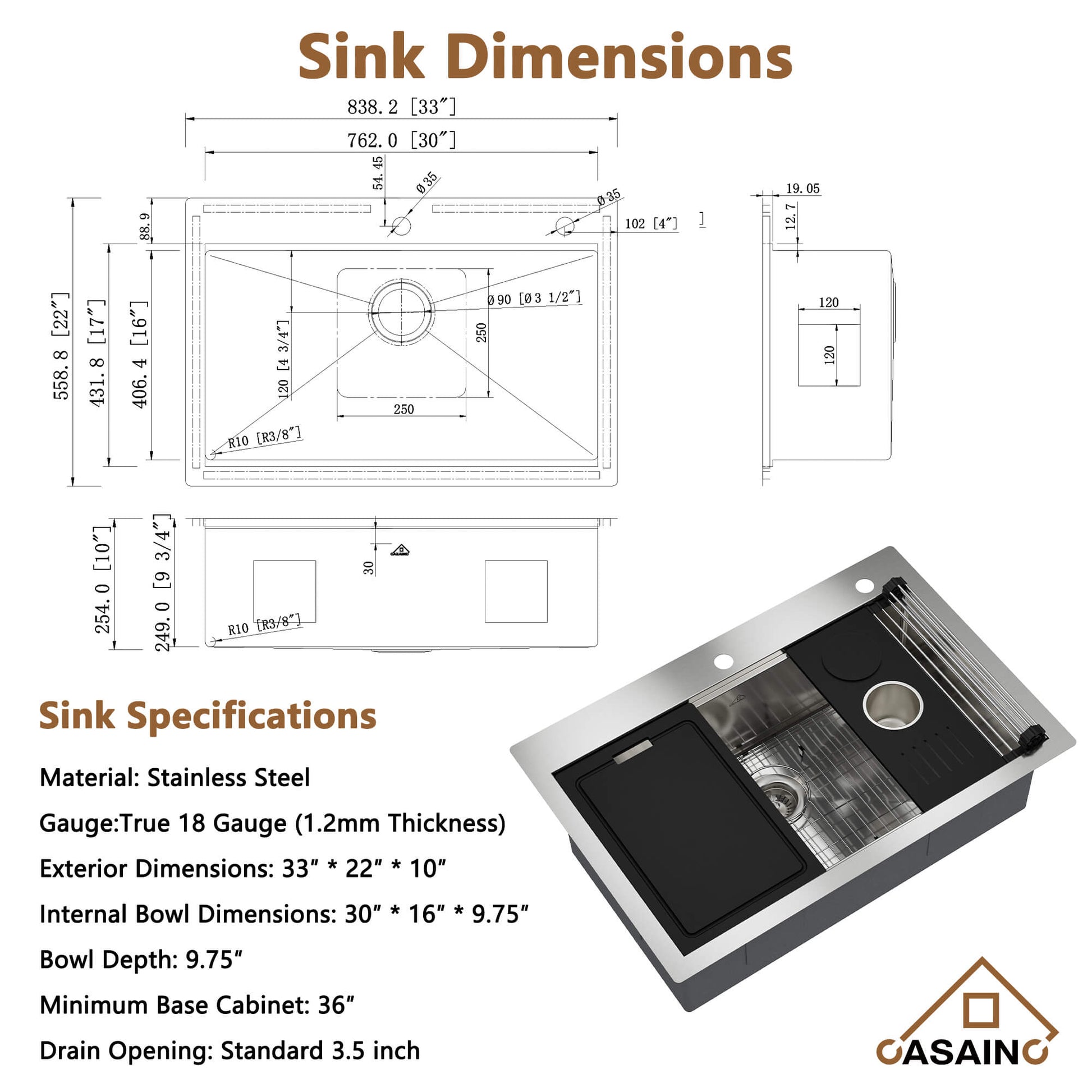 33" Golden R10 Tight Radius Stainless Steel Sink with Drainage Grid, Roll-up Rack, Two-Tiered Basin Design with Noise Reduction, with Scratch-Resistant, Oil-Repellent Surface