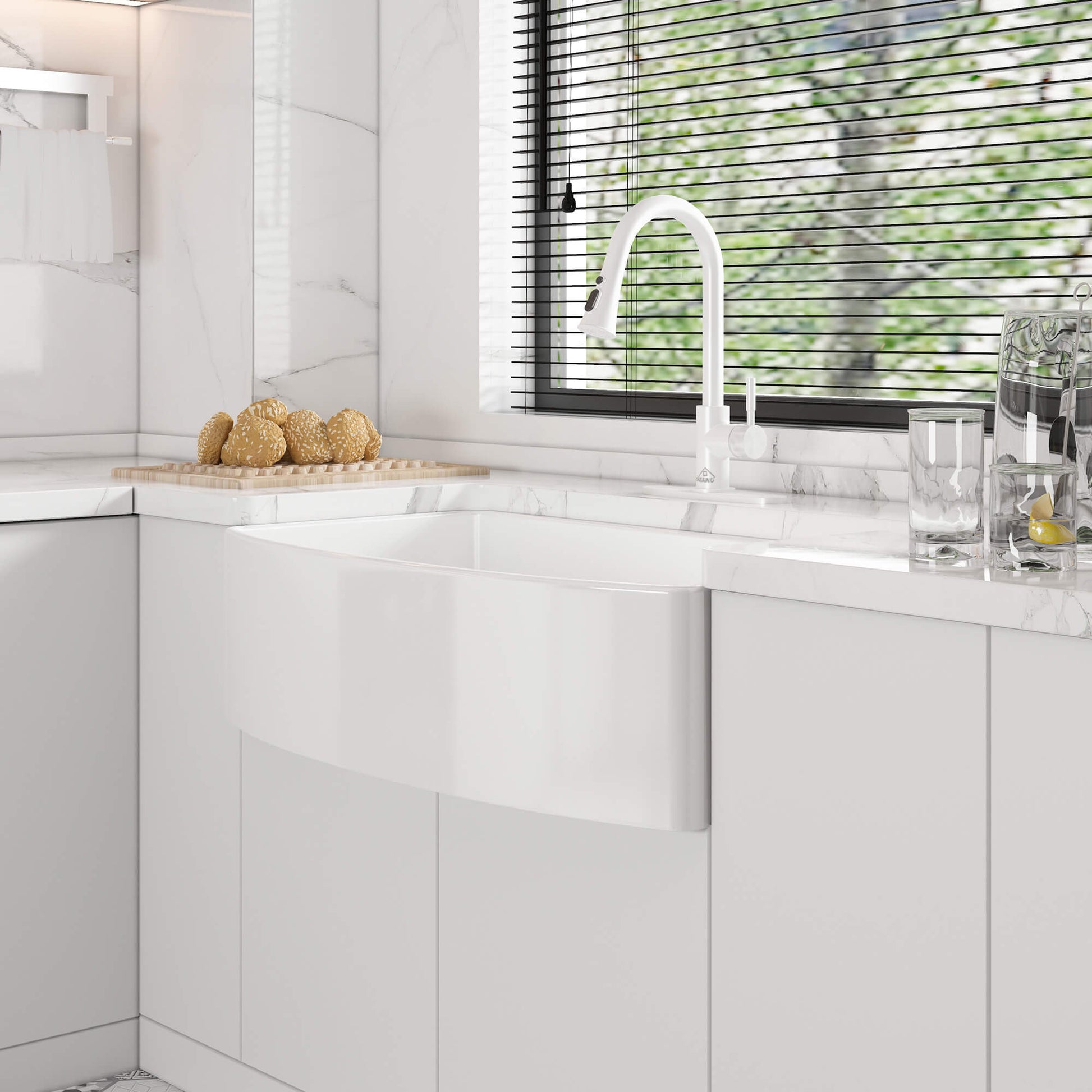 33 in. Curved Single Bowl Fireclay Farmhouse Apron Kitchen Sink with Grid and Drainer, cUPC Certified, in Glossy White/Matte Black/Matte Gray