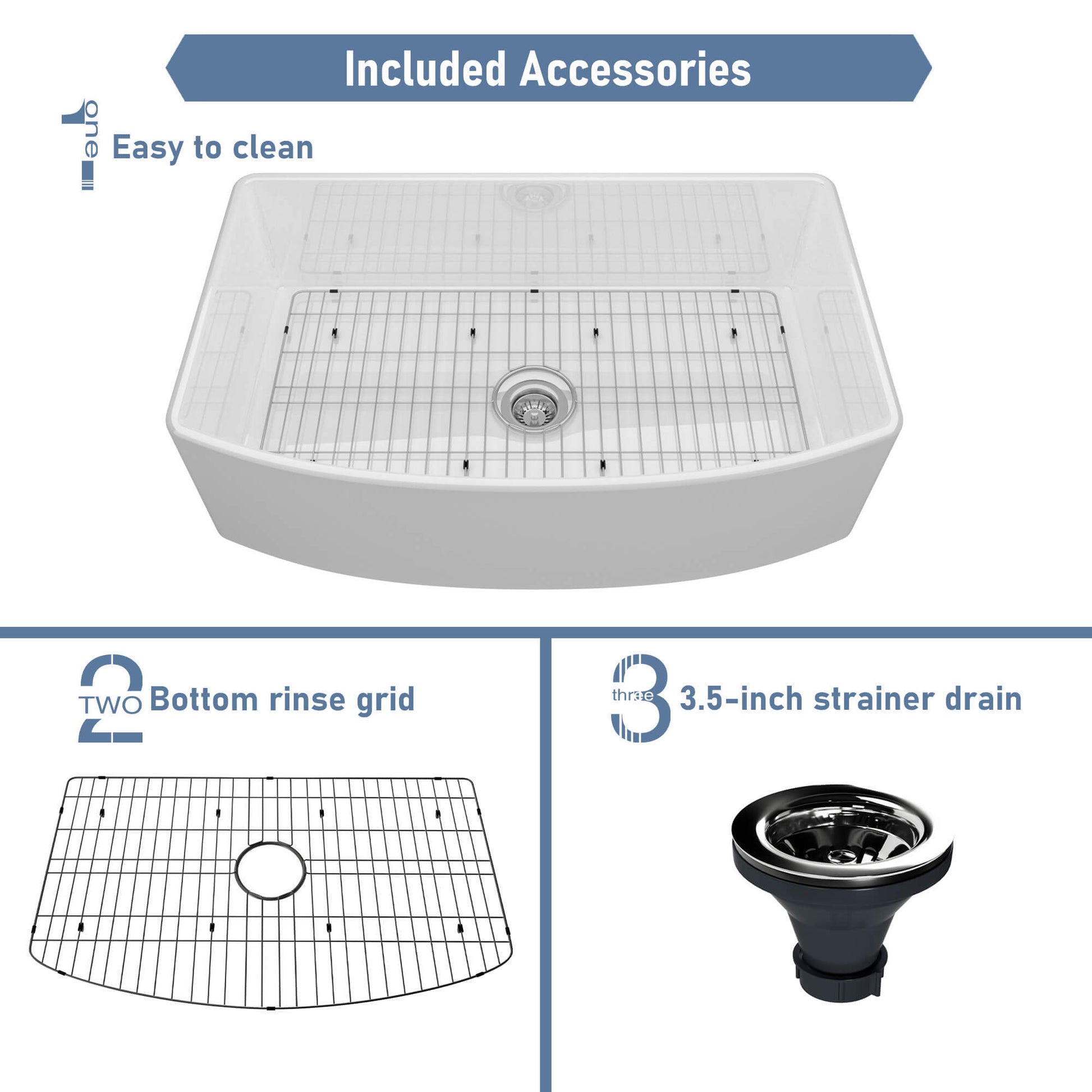 33 in. Curved Single Bowl Fireclay Farmhouse Apron Kitchen Sink with Grid and Drainer, cUPC Certified, in Glossy White/Matte Black/Matte Gray