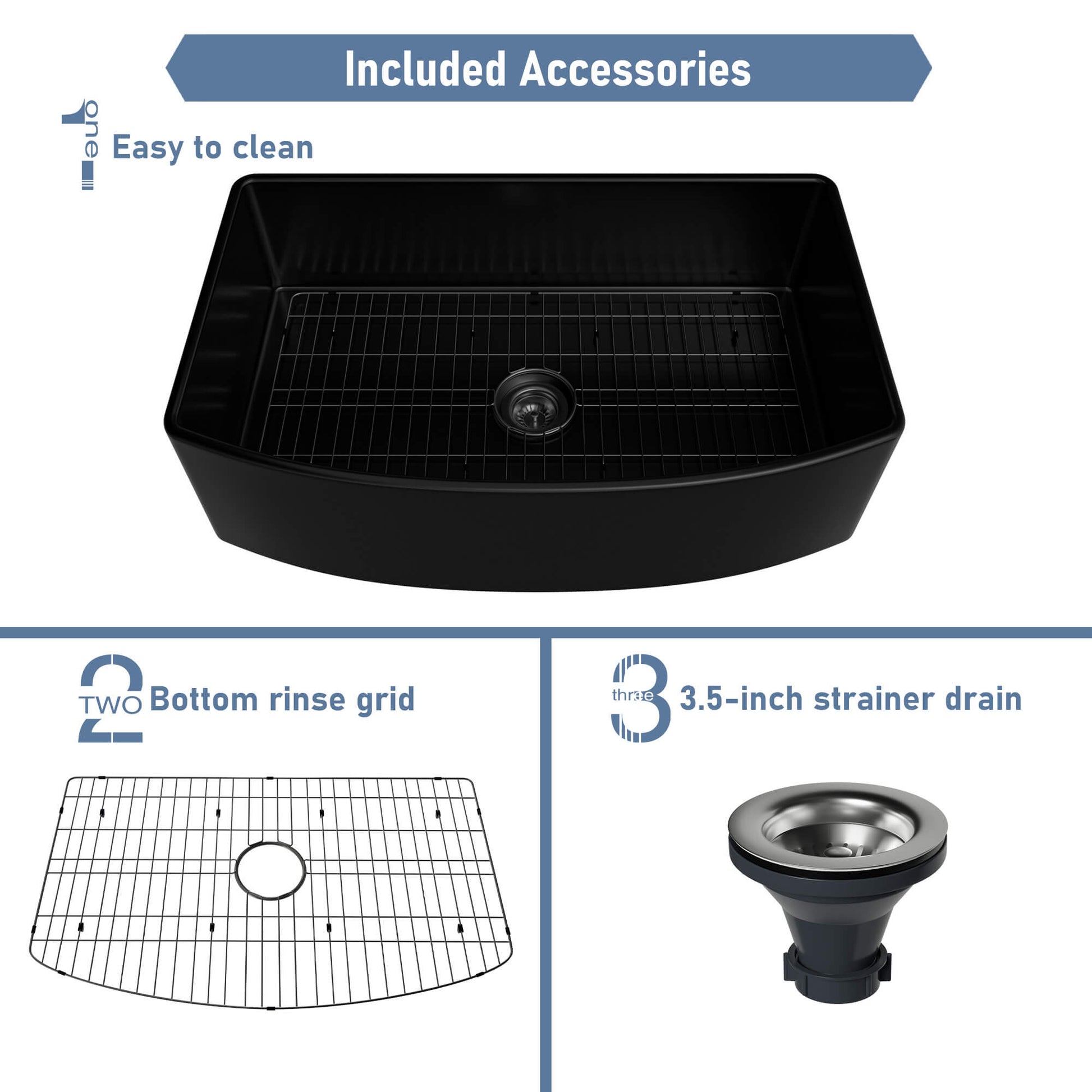 33 in. Curved Single Bowl Fireclay Farmhouse Apron Kitchen Sink with Grid and Drainer, cUPC Certified, in Glossy White/Matte Black/Matte Gray