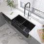33 in. Double Bowl Fireclay Farmhouse Apron Kitchen Sink with Striped Design Reversible Installation, with Grid and Drainer, cUPC Certified, in Black/Gray/White