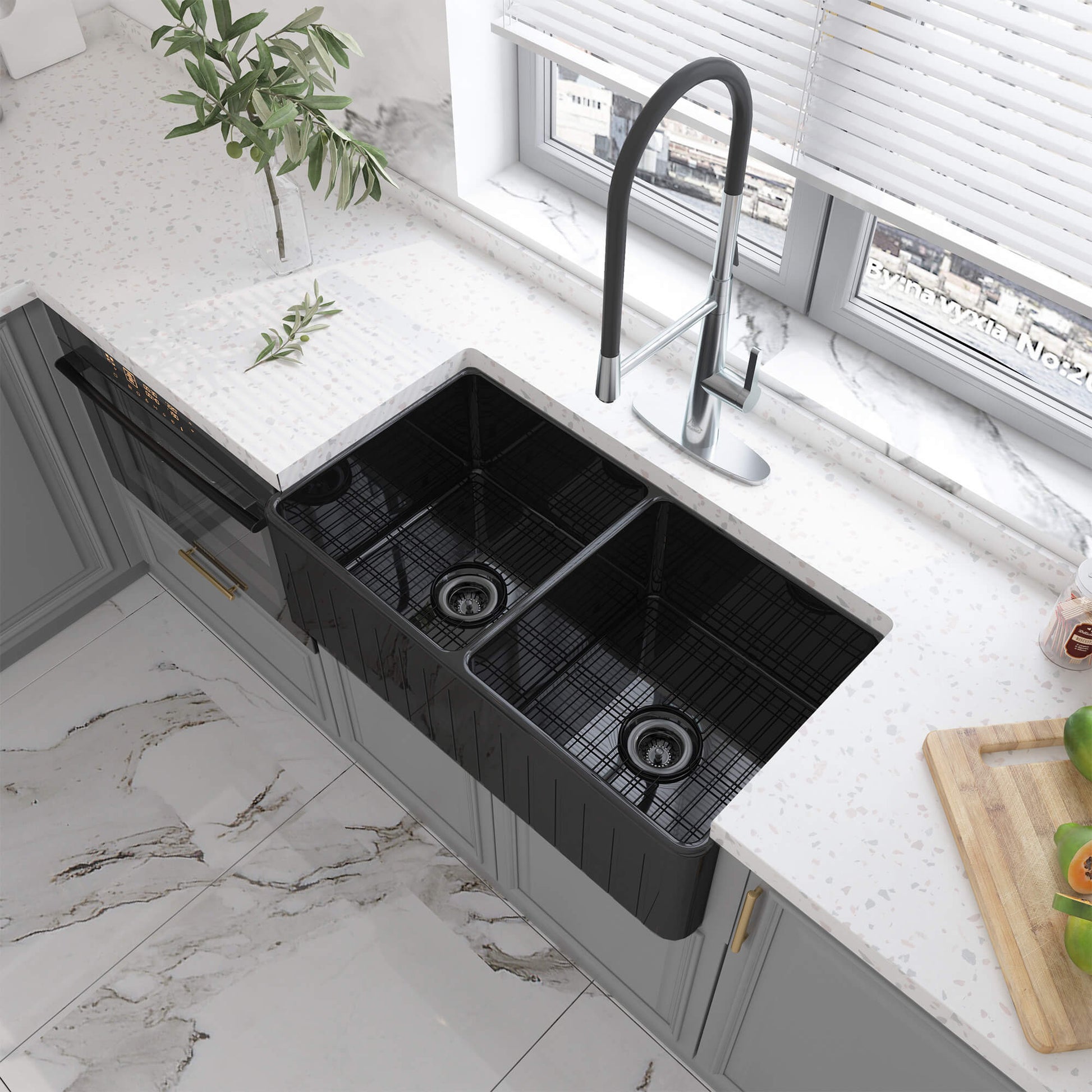 33 in. Double Bowl Fireclay Farmhouse Apron Kitchen Sink with Striped Design Reversible Installation, with Grid and Drainer, cUPC Certified, in Black/Gray/White