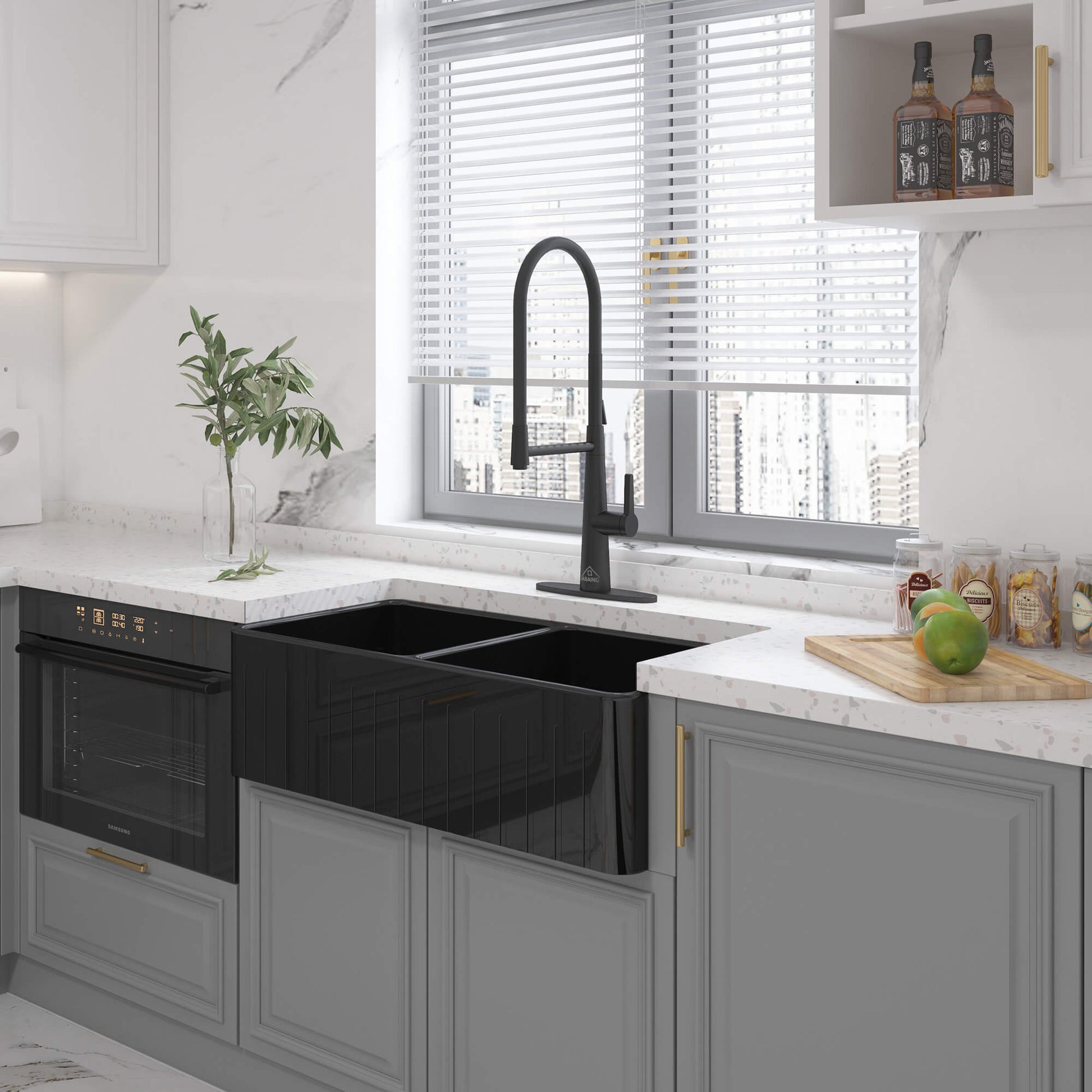 33 in. Double Bowl Fireclay Farmhouse Apron Kitchen Sink with Striped Design Reversible Installation, with Grid and Drainer, cUPC Certified, in Black/Gray/White
