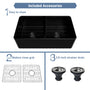 33 in. Double Bowl Fireclay Farmhouse Apron Kitchen Sink with Striped Design Reversible Installation, with Grid and Drainer, cUPC Certified, in Black/Gray/White