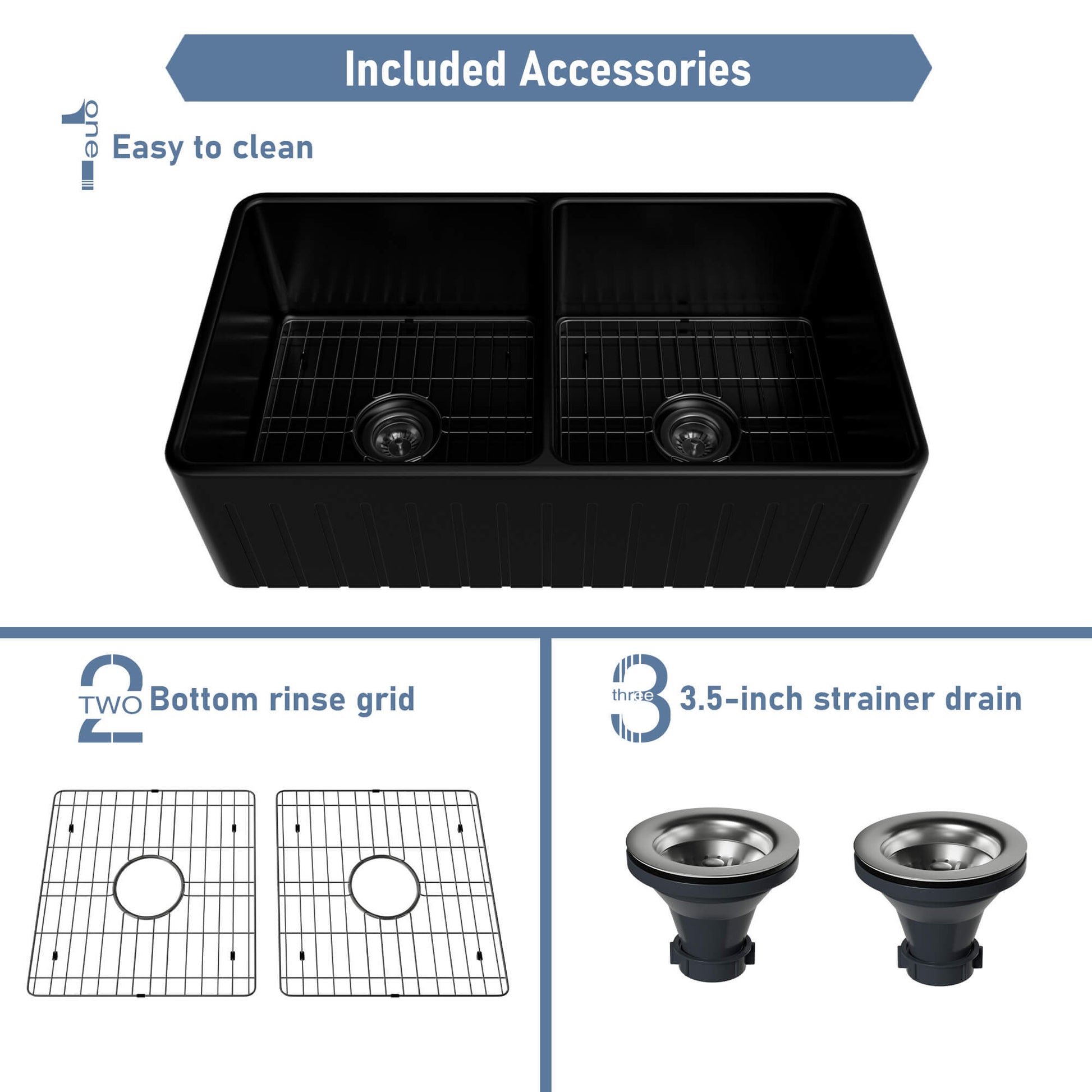 33 in. Double Bowl Fireclay Farmhouse Apron Kitchen Sink with Striped Design Reversible Installation, with Grid and Drainer, cUPC Certified, in Black/Gray/White