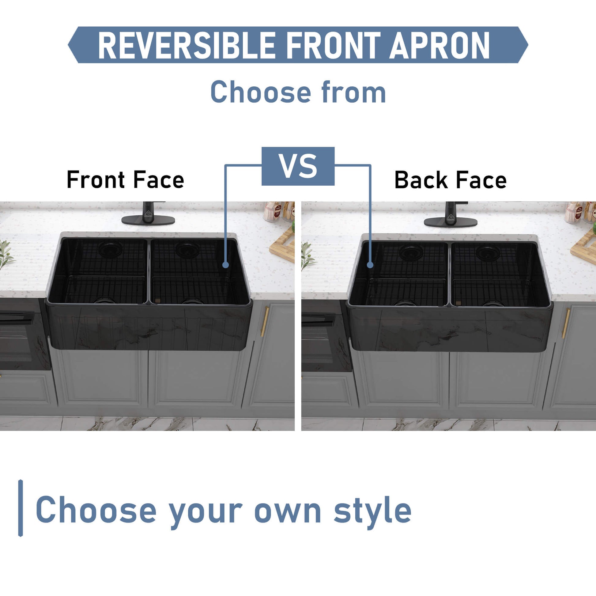 33 in. Double Bowl Fireclay Farmhouse Apron Kitchen Sink with Striped Design Reversible Installation, with Grid and Drainer, cUPC Certified, in Black/Gray/White