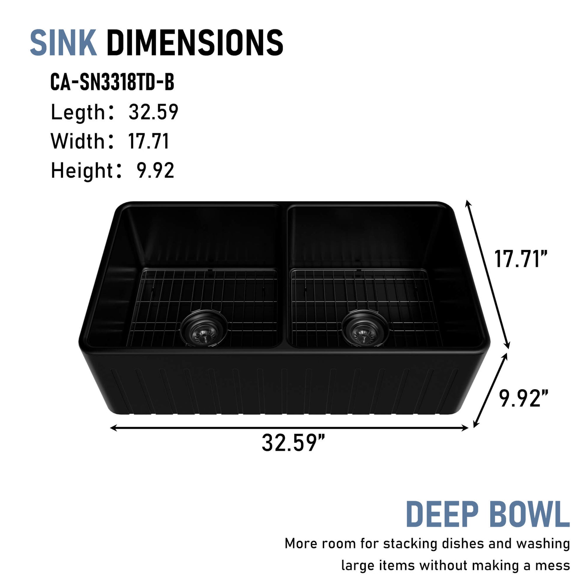 33 in. Double Bowl Fireclay Farmhouse Apron Kitchen Sink with Striped Design Reversible Installation, with Grid and Drainer, cUPC Certified, in Black/Gray/White