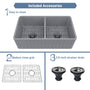 33 in. Double Bowl Fireclay Farmhouse Apron Kitchen Sink with Striped Design Reversible Installation, with Grid and Drainer, cUPC Certified, in Black/Gray/White