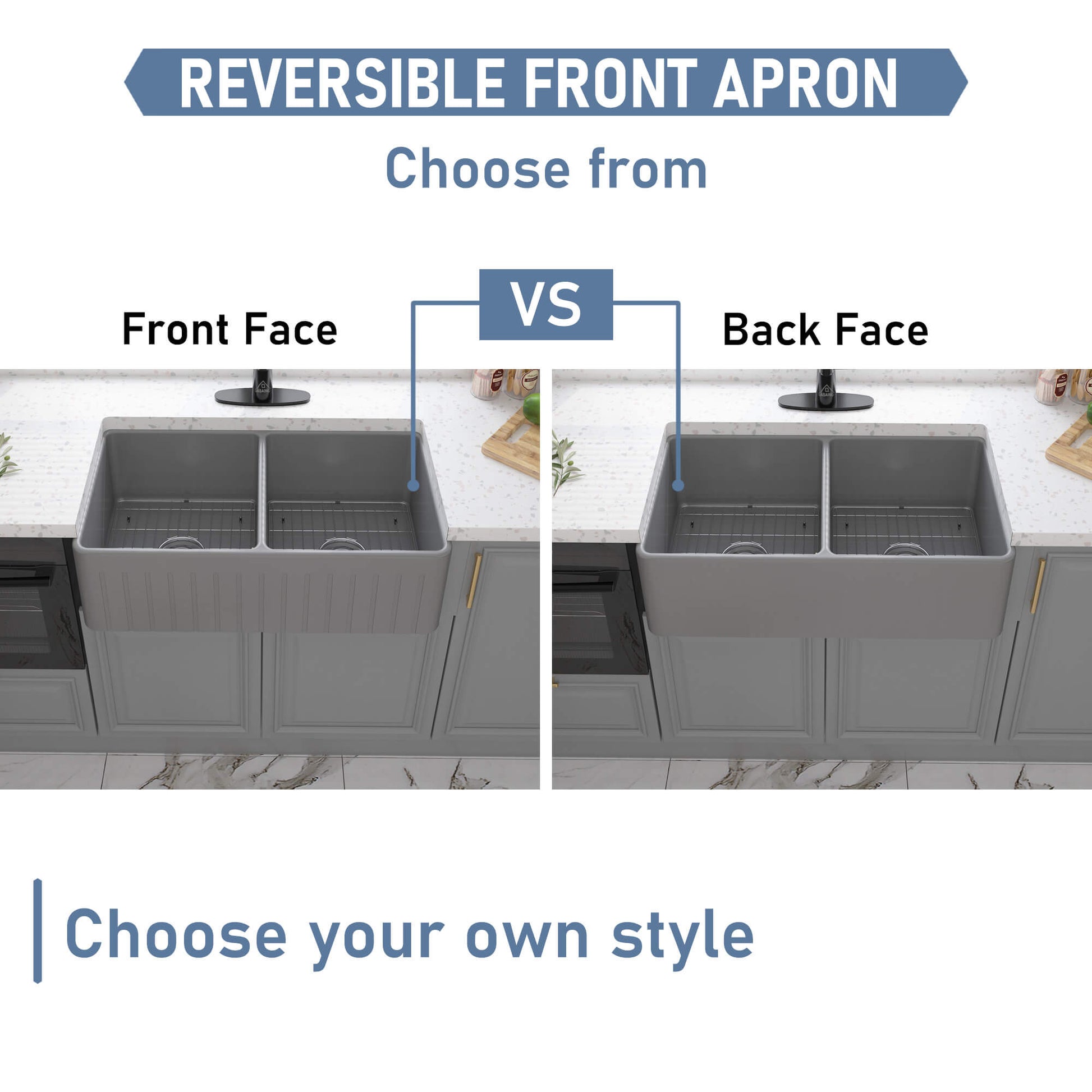 33 in. Double Bowl Fireclay Farmhouse Apron Kitchen Sink with Striped Design Reversible Installation, with Grid and Drainer, cUPC Certified, in Black/Gray/White